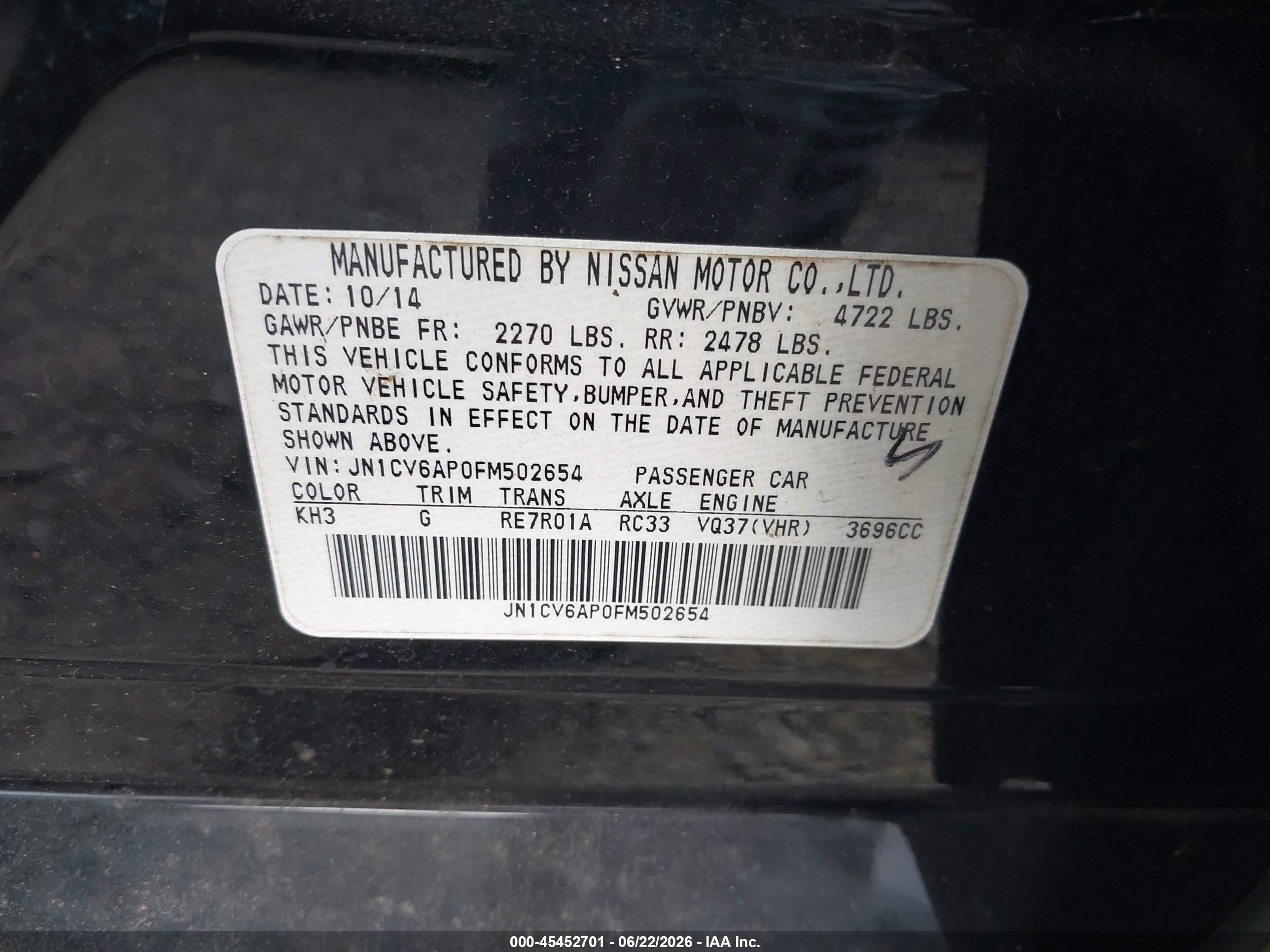 2015 Infiniti Q40   Черный vin: JN1CV6AP0FM502654