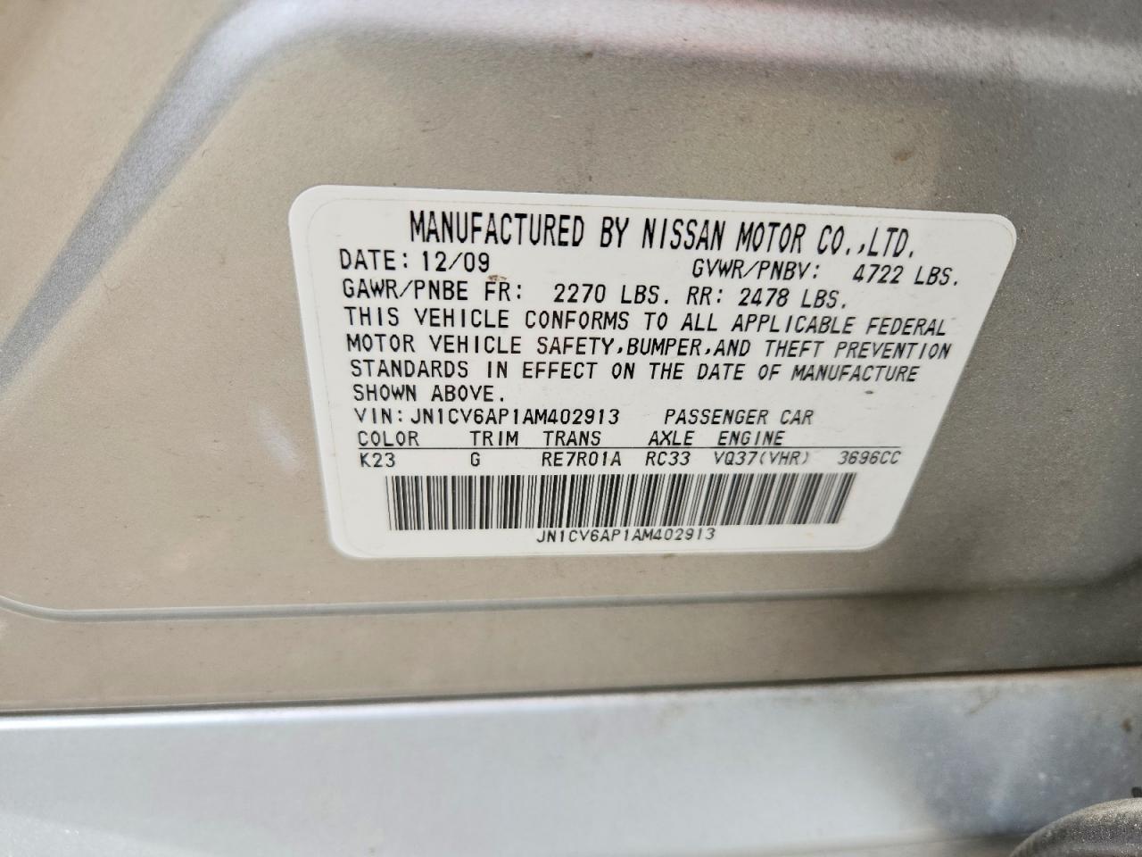 2010 Infiniti G37 Sedan Base Silver vin: JN1CV6AP1AM402913