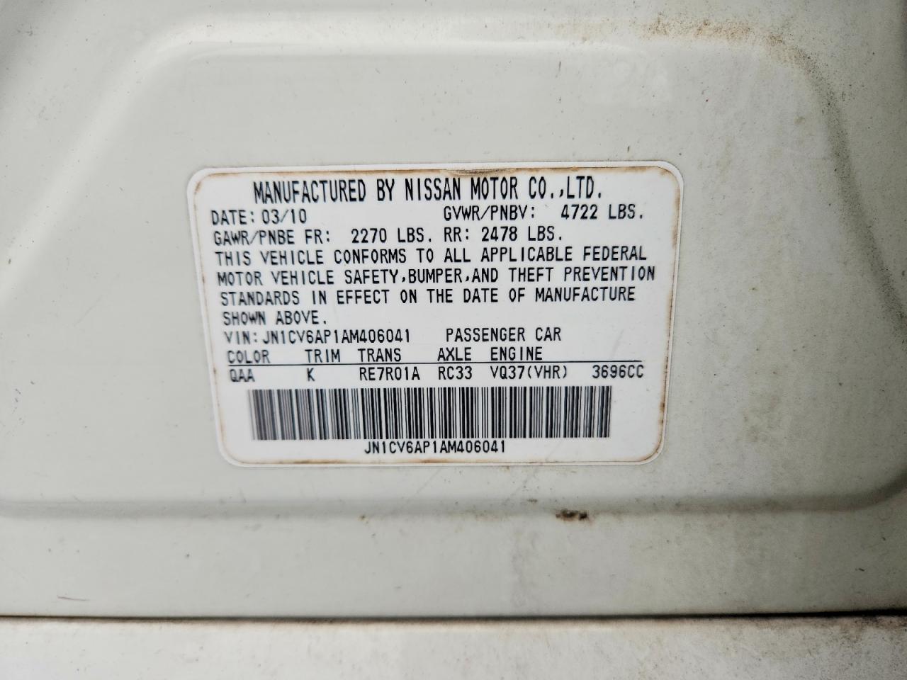 2010 Infiniti G37 Sedan Base White vin: JN1CV6AP1AM406041