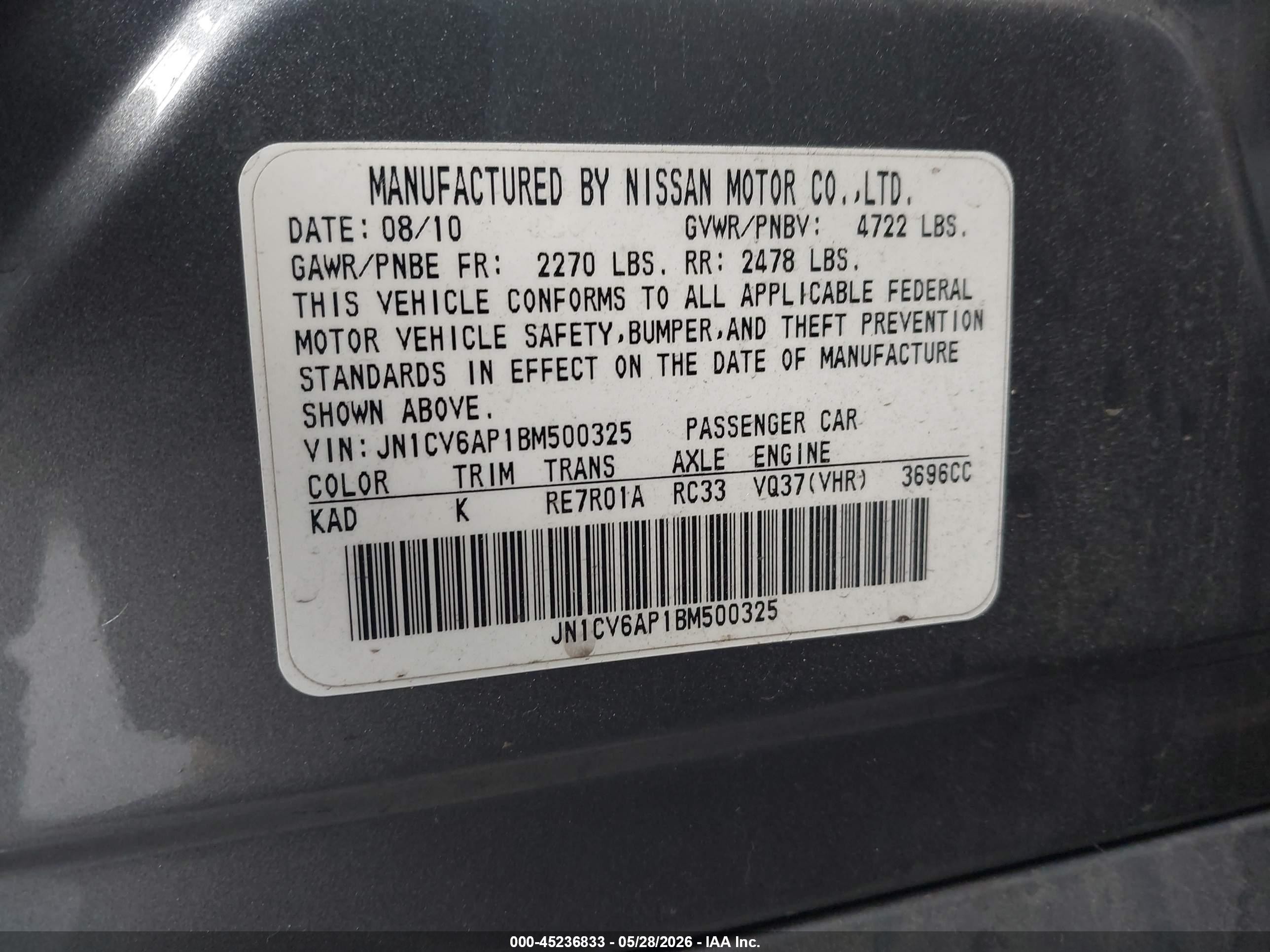 2011 Infiniti G37 Journey Gray vin: JN1CV6AP1BM500325