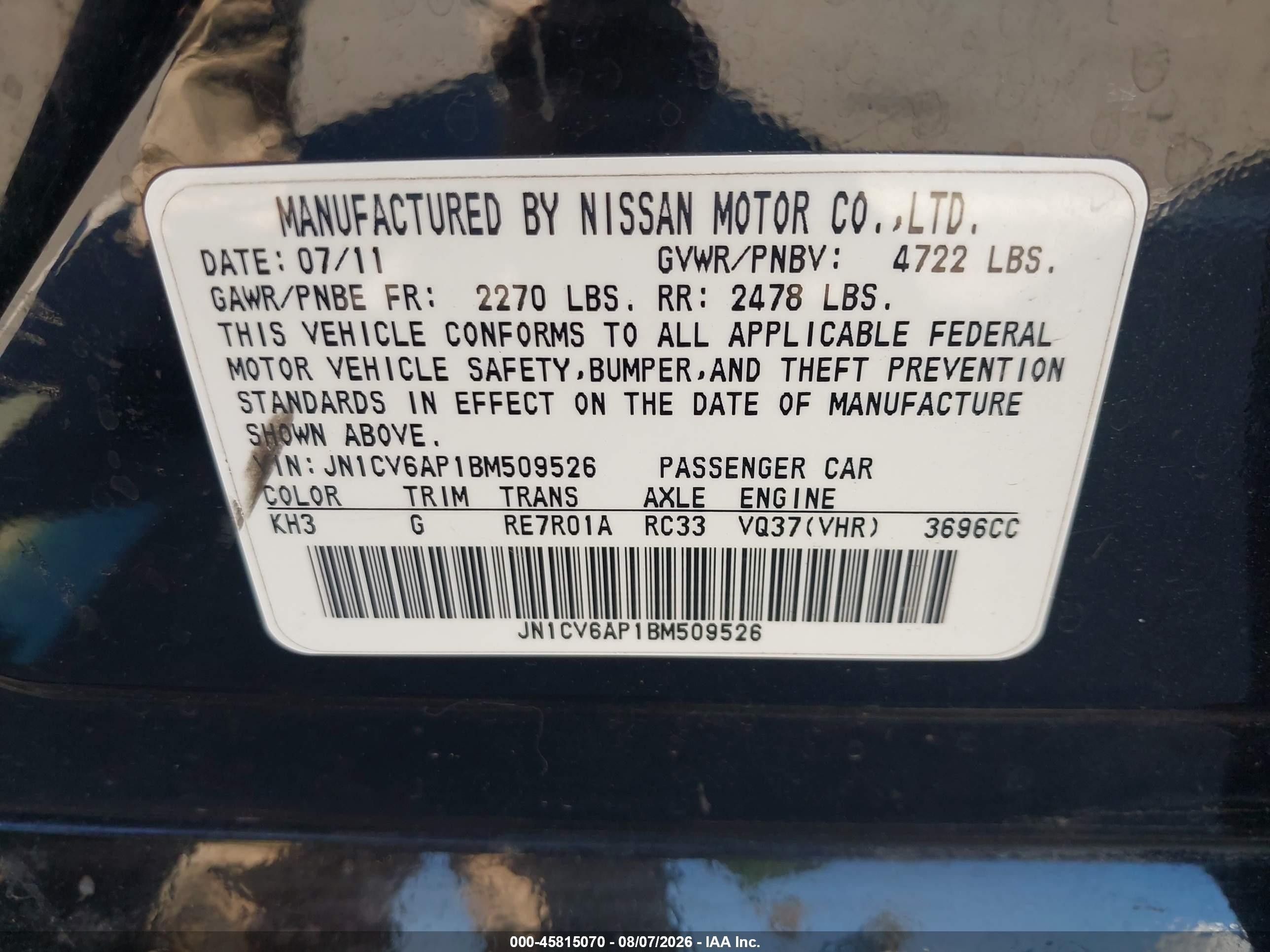 2011 Infiniti G37 Journey Black vin: JN1CV6AP1BM509526