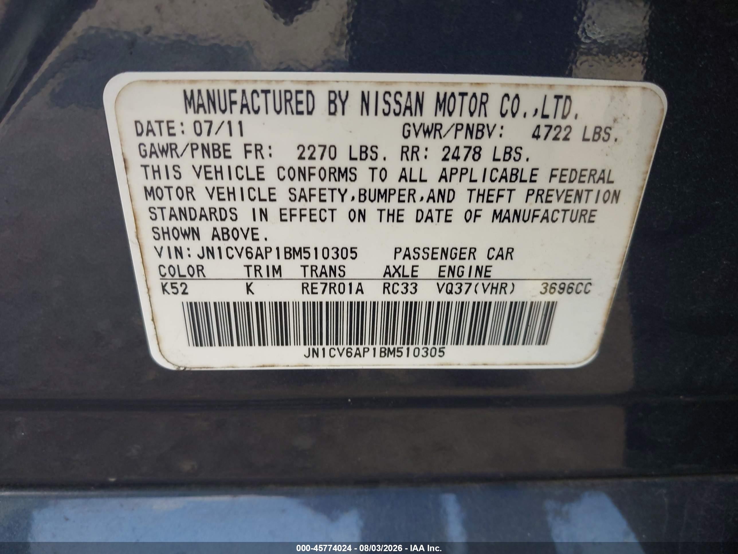 2011 Infiniti G37 Journey Gray vin: JN1CV6AP1BM510305