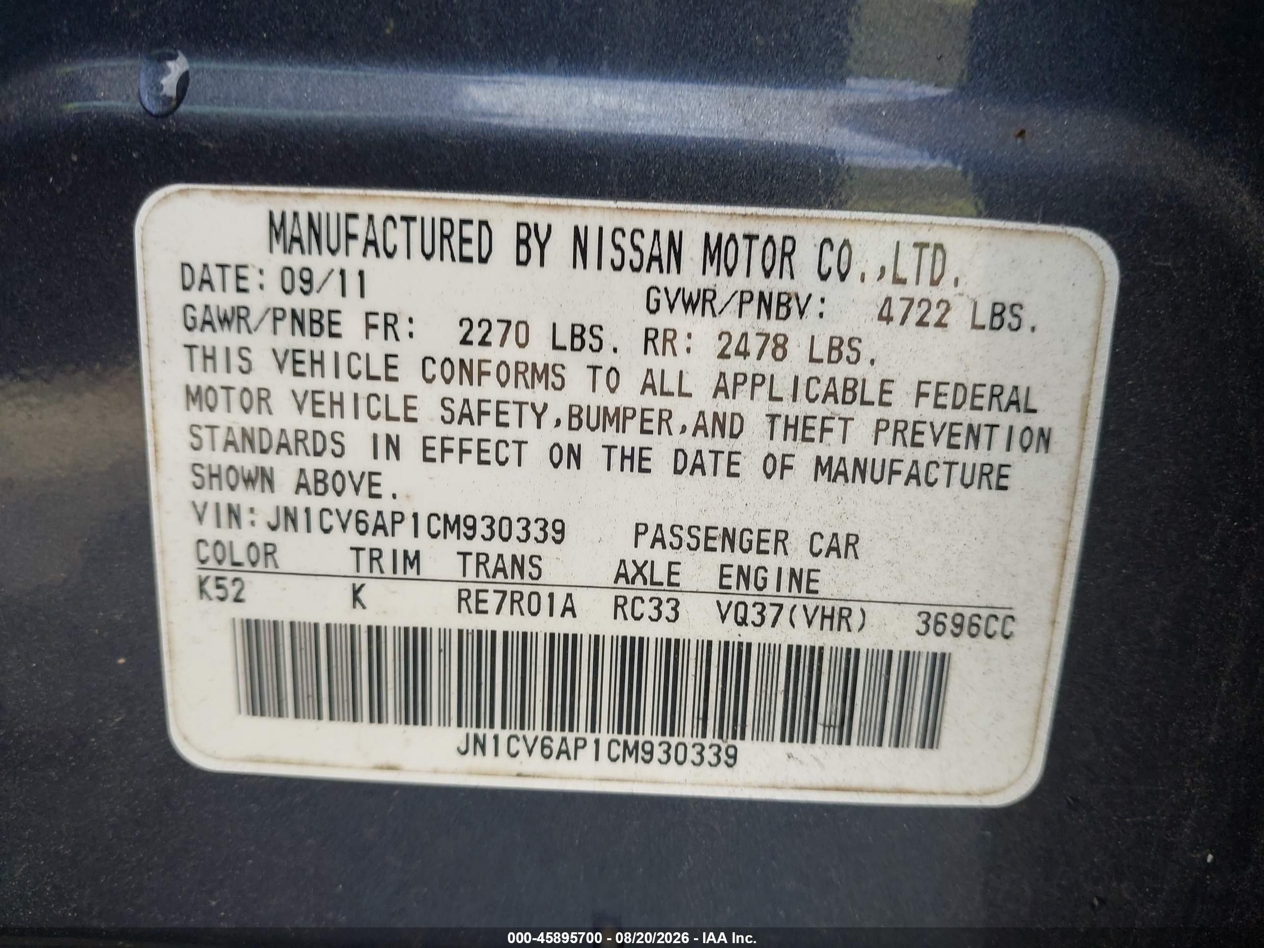 2012 Infiniti G37 Journey Gray vin: JN1CV6AP1CM930339