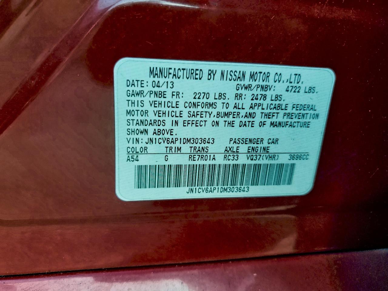 2013 Infiniti G37 Journey Red vin: JN1CV6AP1DM303643