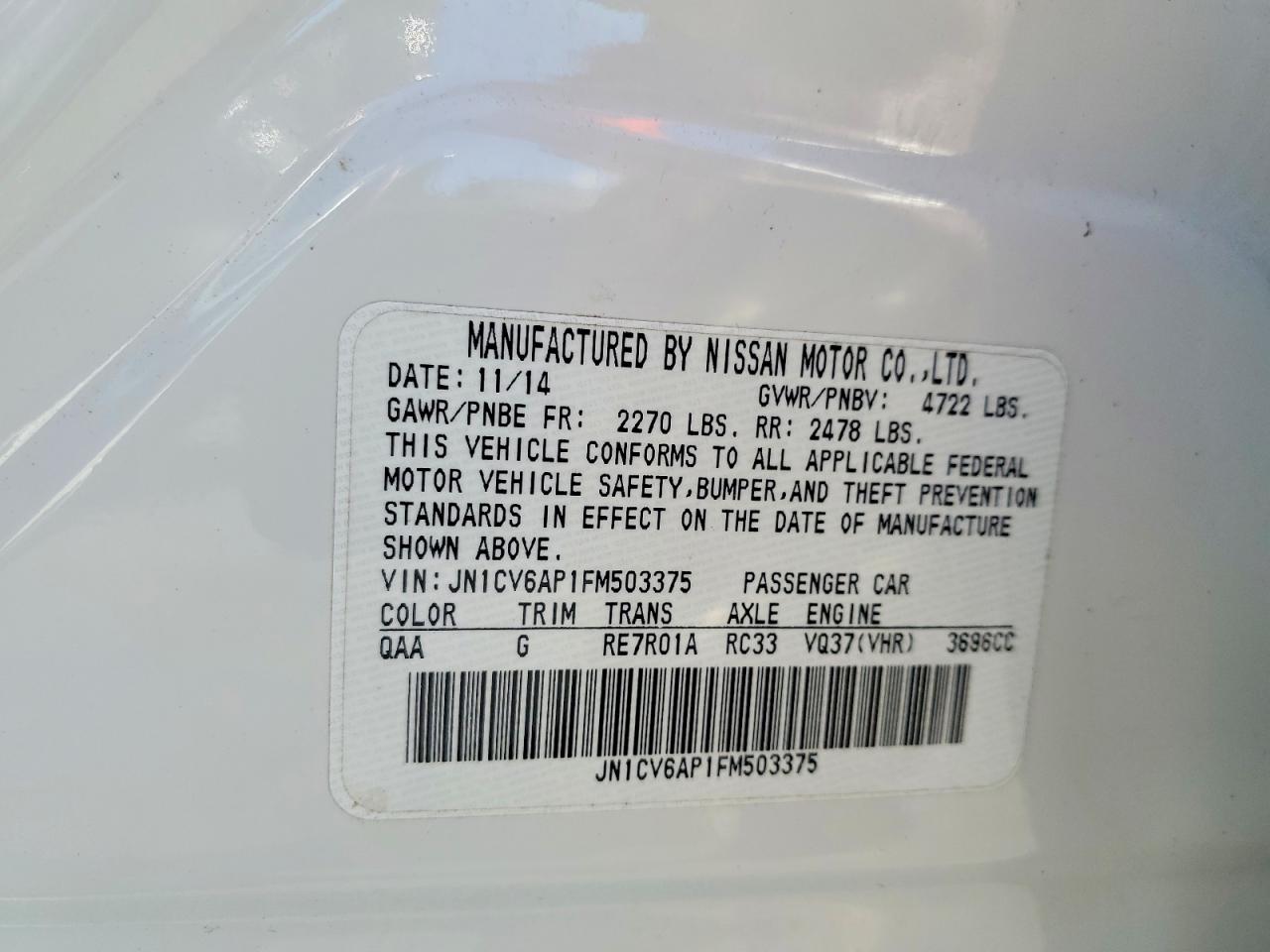 2015 Infiniti Q40 Base White vin: JN1CV6AP1FM503375