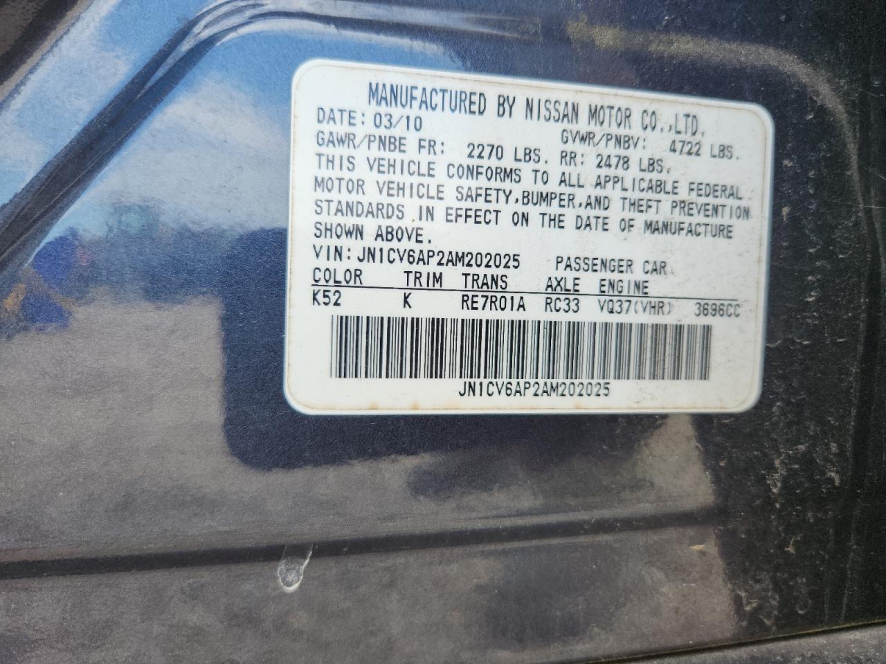 2010 Infiniti G37 Sedan Base Blue vin: JN1CV6AP2AM202025