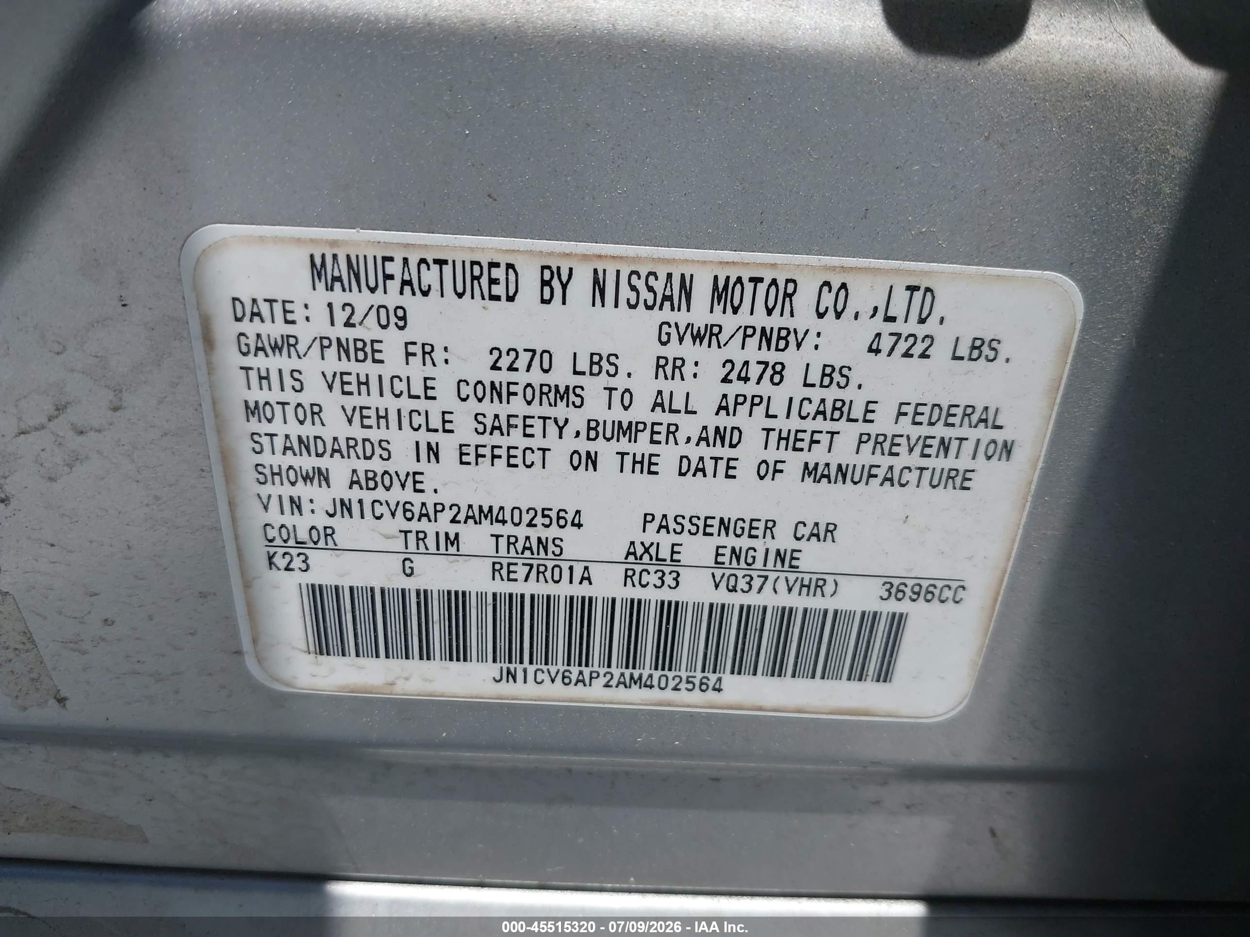 2010 Infiniti G37 Journey Silver vin: JN1CV6AP2AM402564
