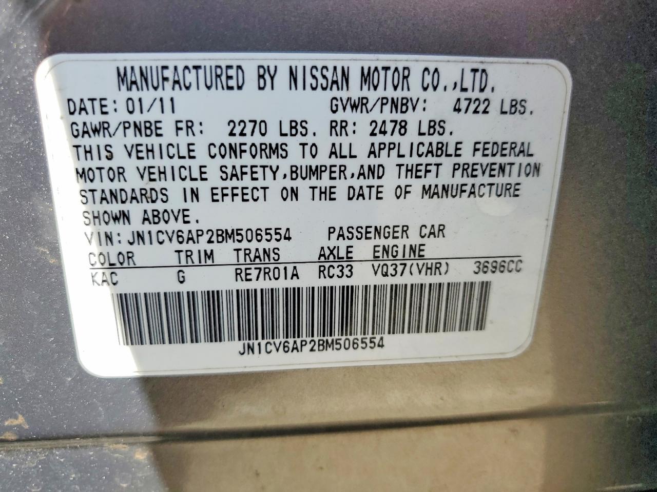 2011 Infiniti G37 Sedan Journey Gray vin: JN1CV6AP2BM506554