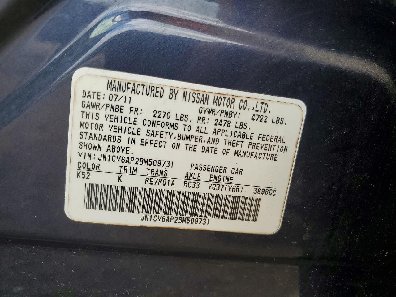 2011 Infiniti G37 Sedan Journey Gray vin: JN1CV6AP2BM509731