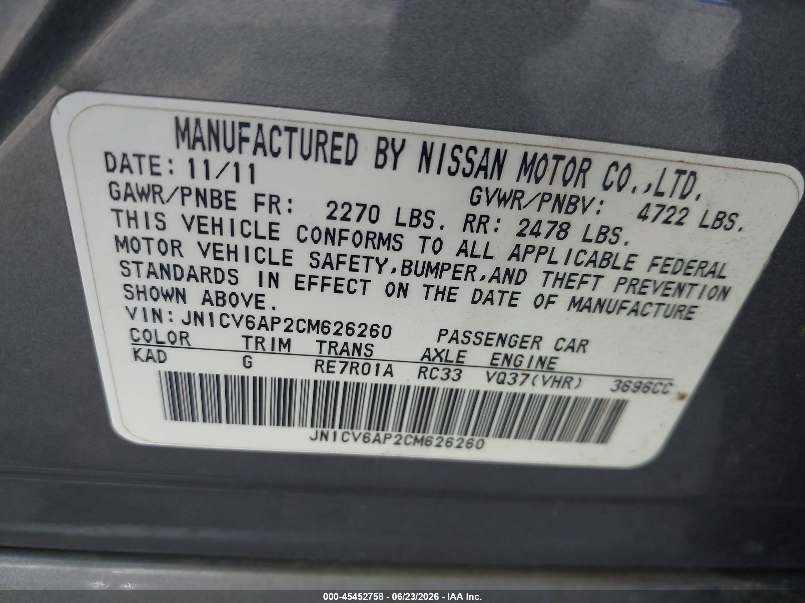 2012 Infiniti G37 Journey Gray vin: JN1CV6AP2CM626260