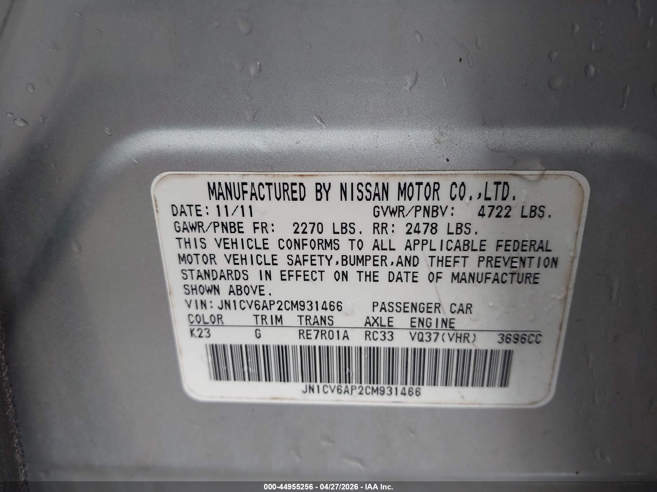 2012 Infiniti G37 Journey Silver vin: JN1CV6AP2CM931466