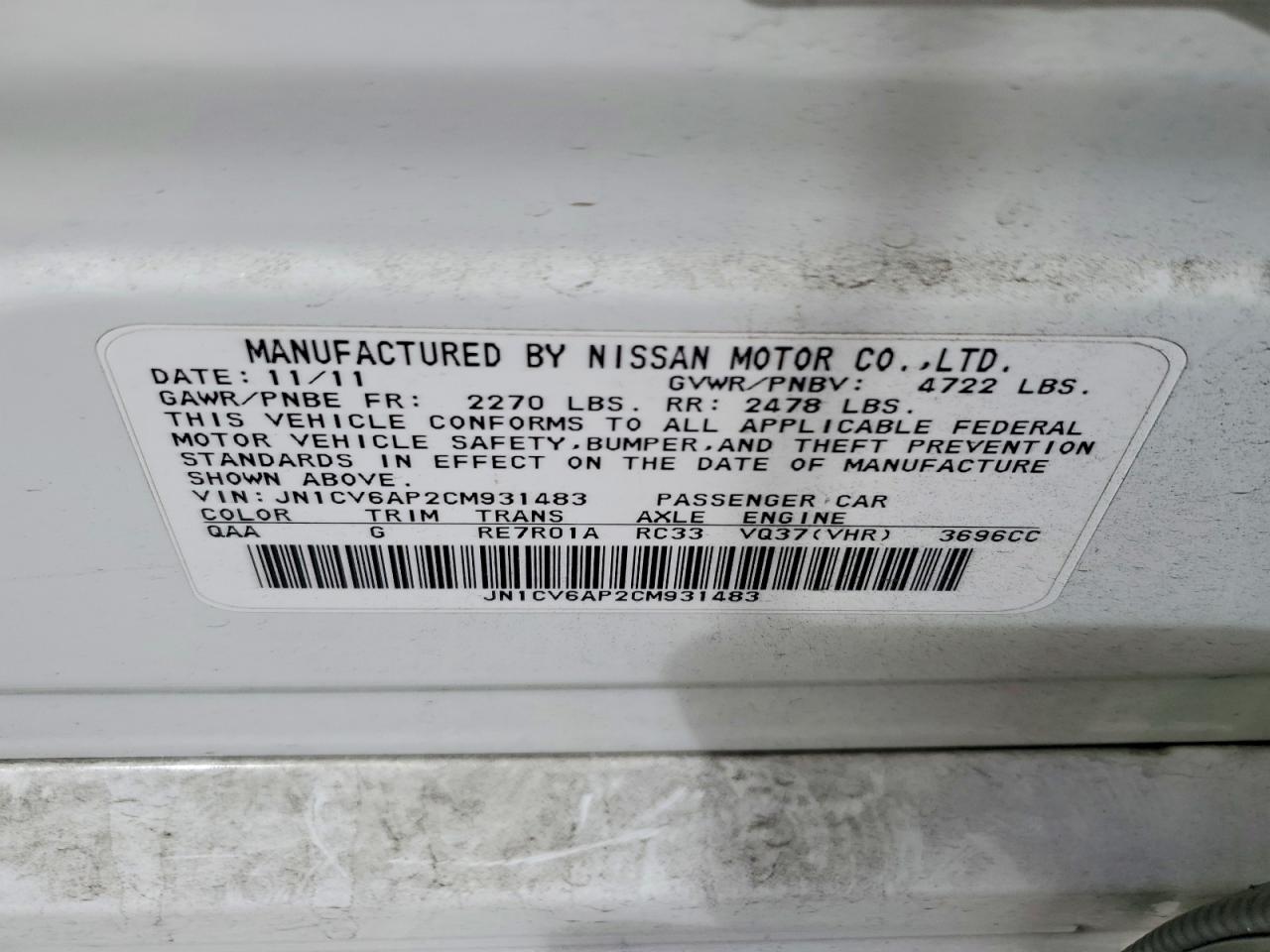 2012 Infiniti G37 Sedan Journey White vin: JN1CV6AP2CM931483