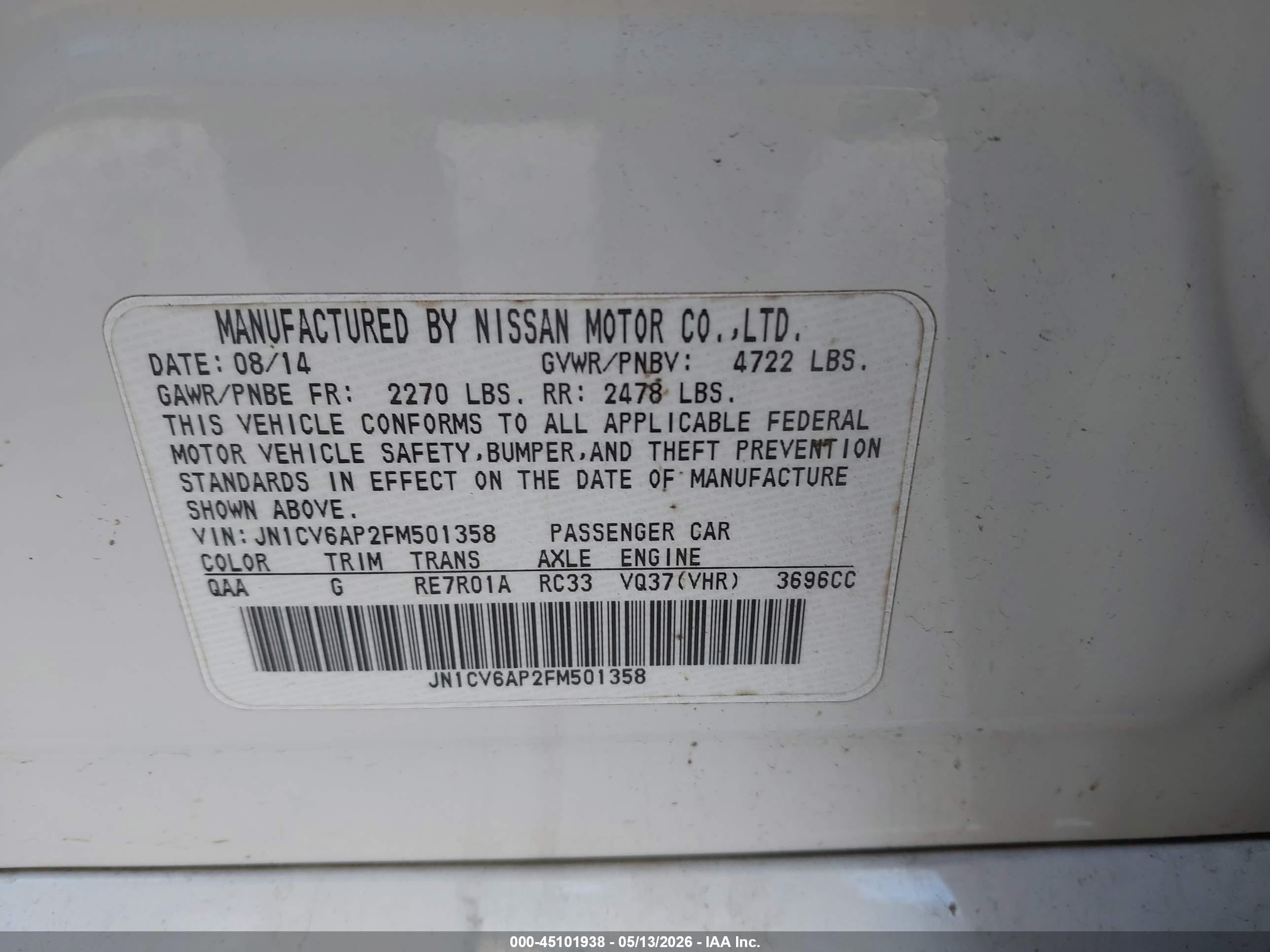 2015 Infiniti Q40   White vin: JN1CV6AP2FM501358