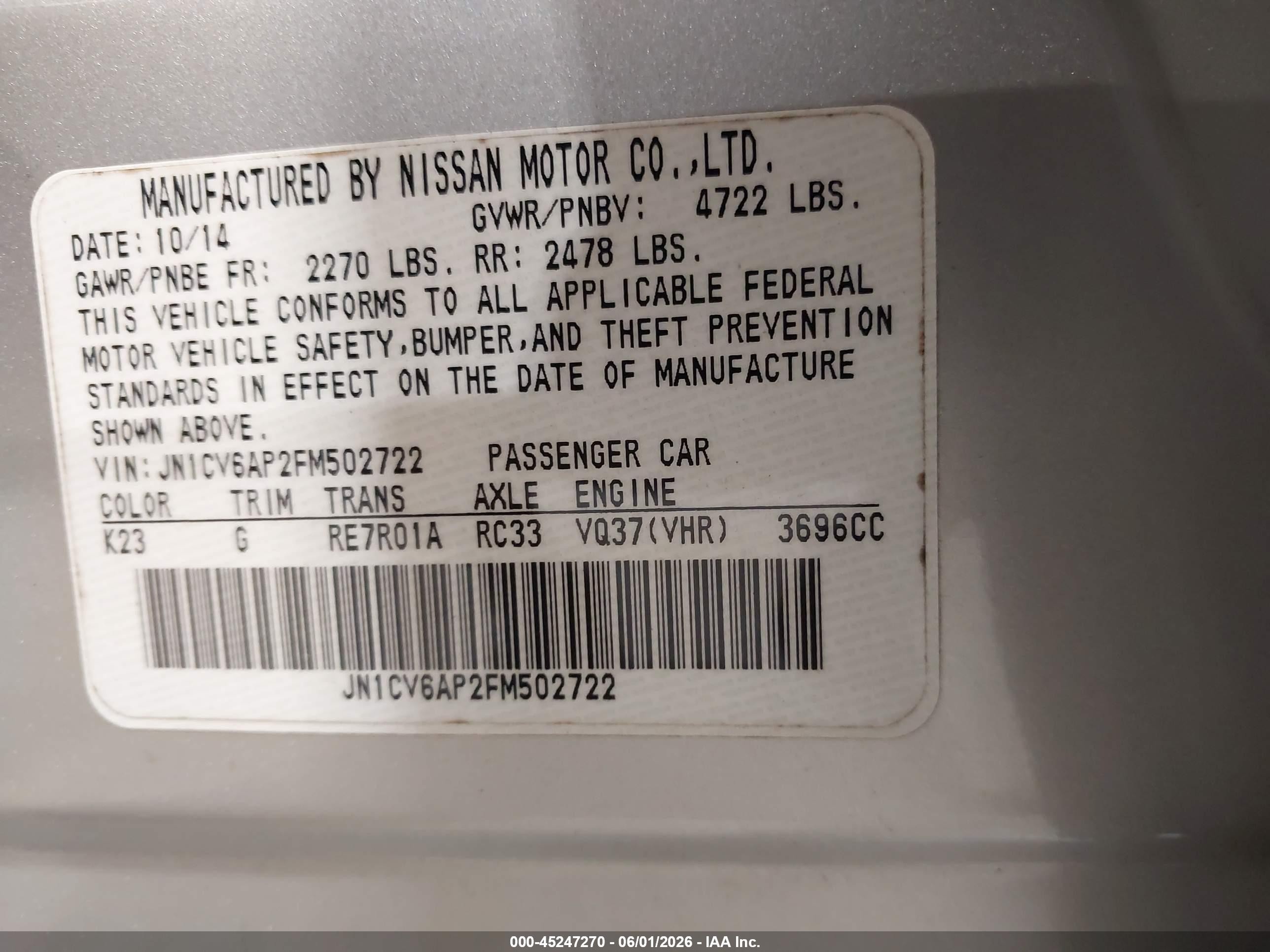 2015 Infiniti Q40   Silver vin: JN1CV6AP2FM502722