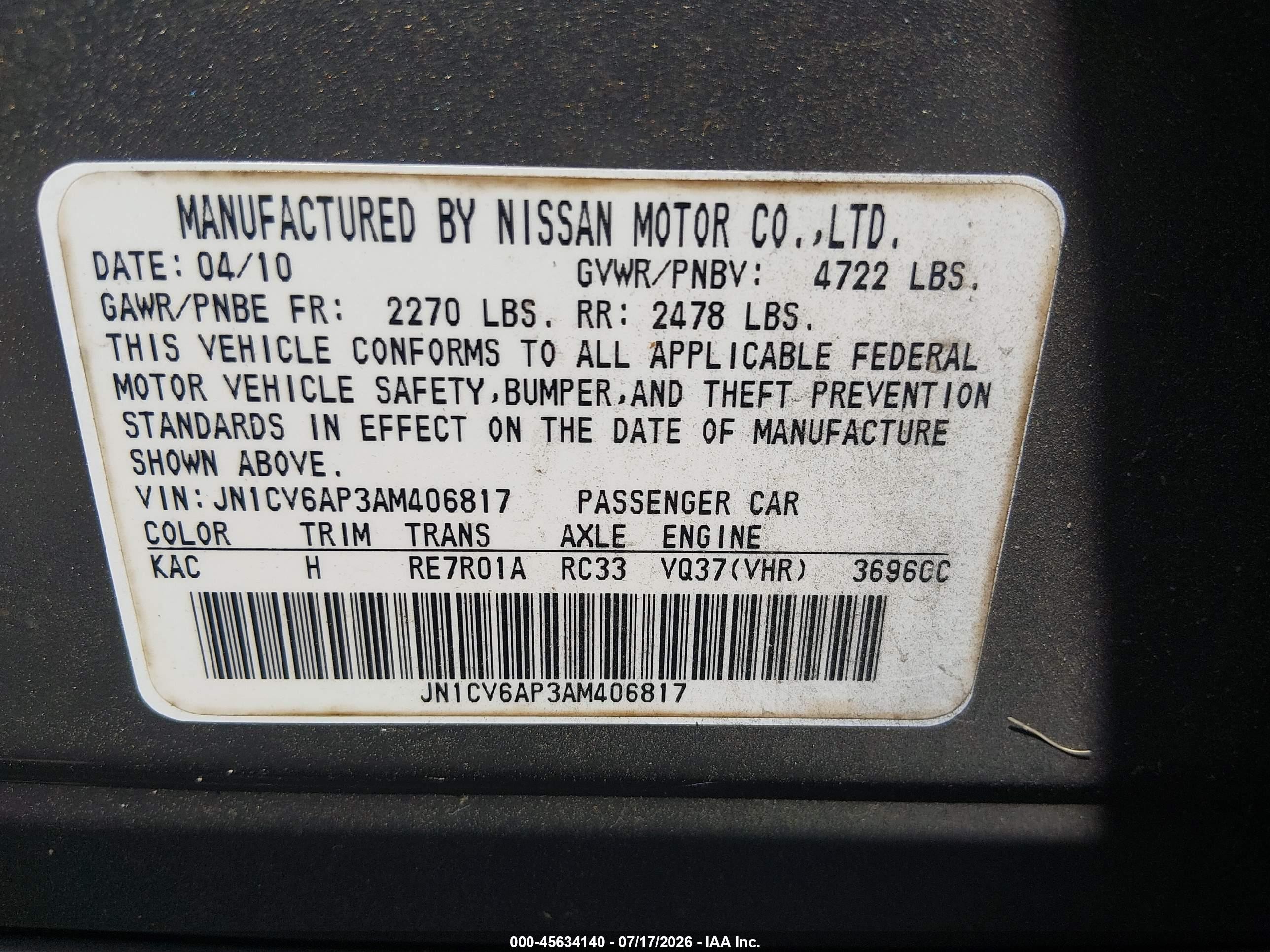 2010 Infiniti G37 Journey Gray vin: JN1CV6AP3AM406817