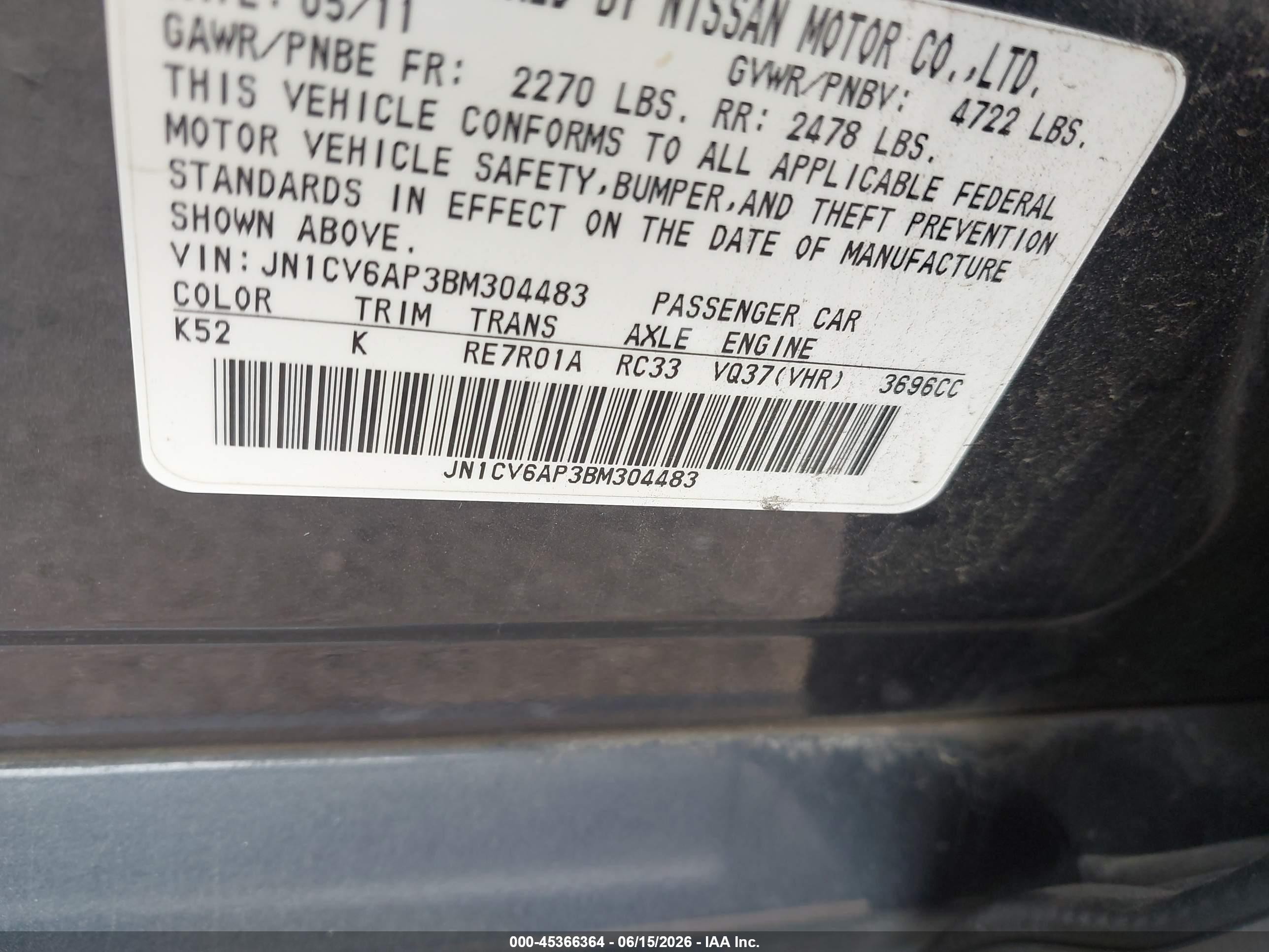 2011 Infiniti G37 Journey Blue vin: JN1CV6AP3BM304483