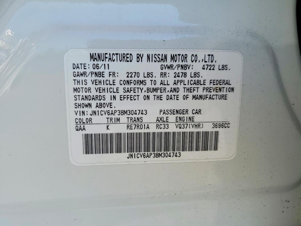 2011 Infiniti G37 Sedan Journey White vin: JN1CV6AP3BM304743