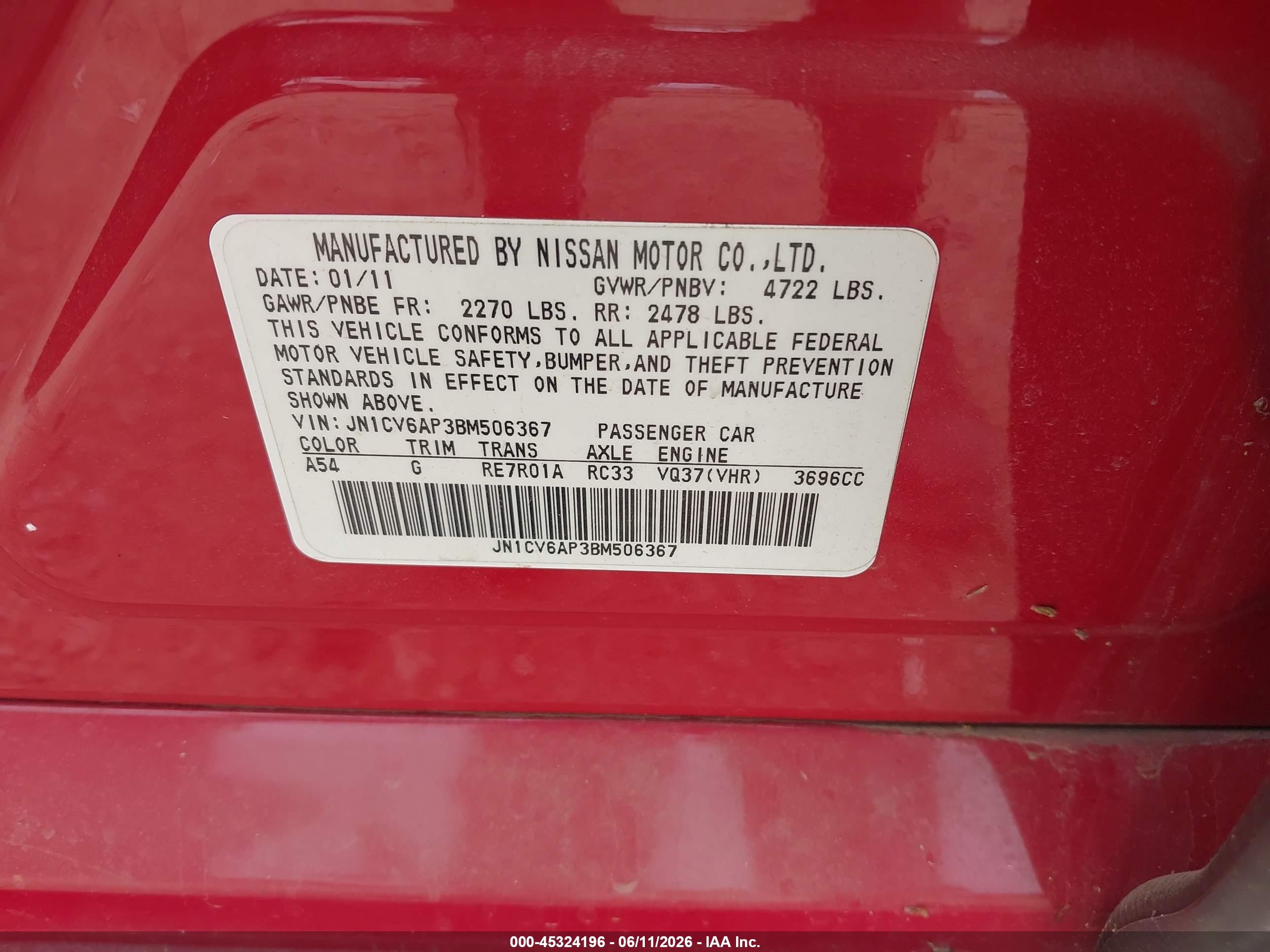 2011 Infiniti G37 Journey Red vin: JN1CV6AP3BM506367