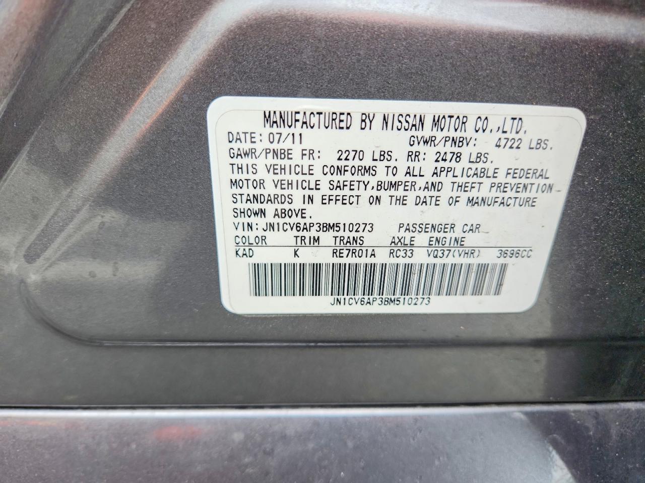2011 Infiniti G37 Sedan Journey Silver vin: JN1CV6AP3BM510273