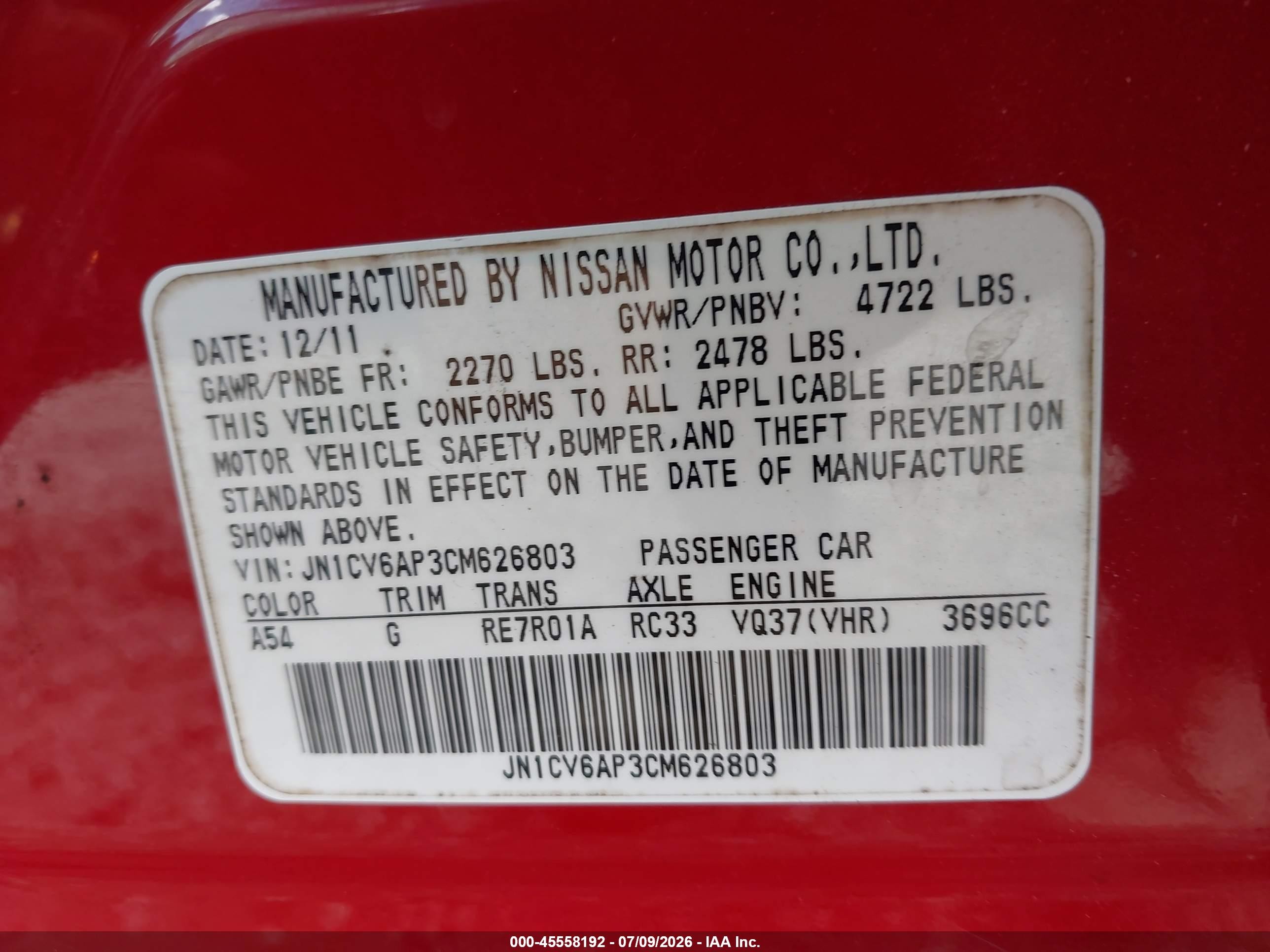 2012 Infiniti G37 Journey Red vin: JN1CV6AP3CM626803