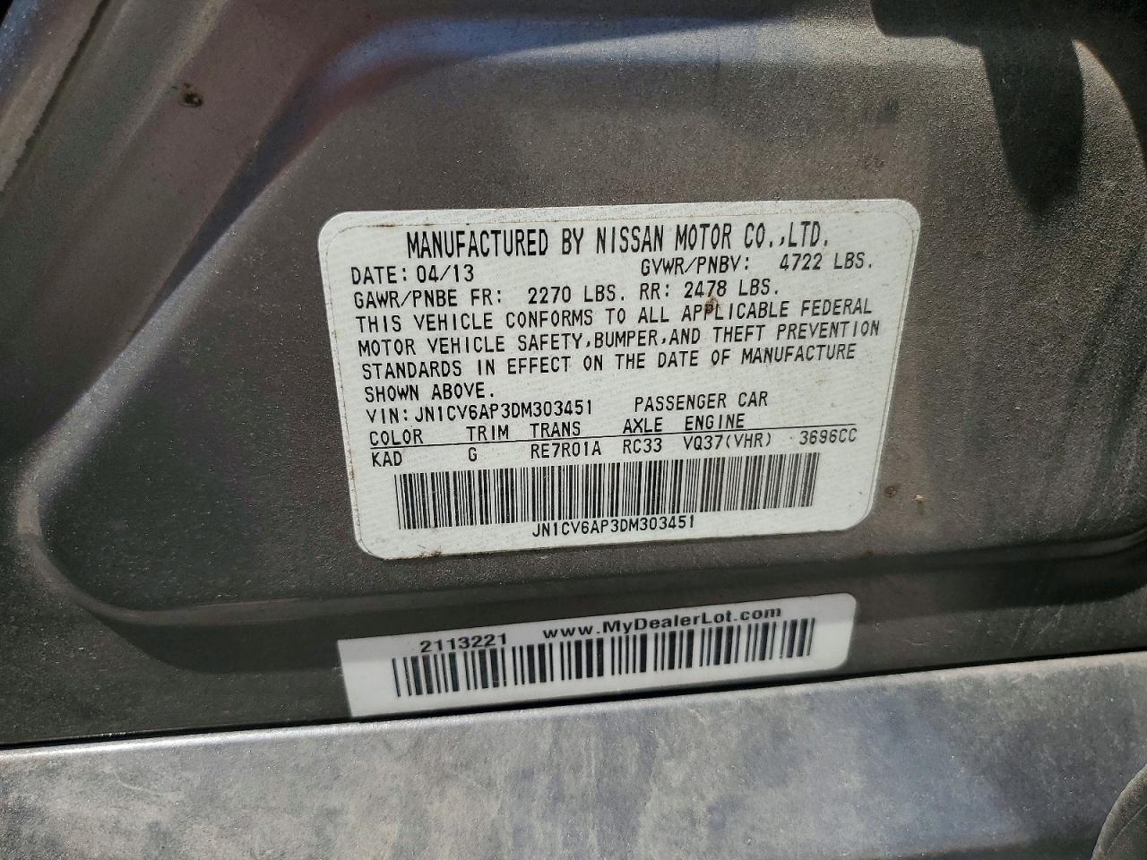 2013 Infiniti G37 Sedan Journey Gray vin: JN1CV6AP3DM303451