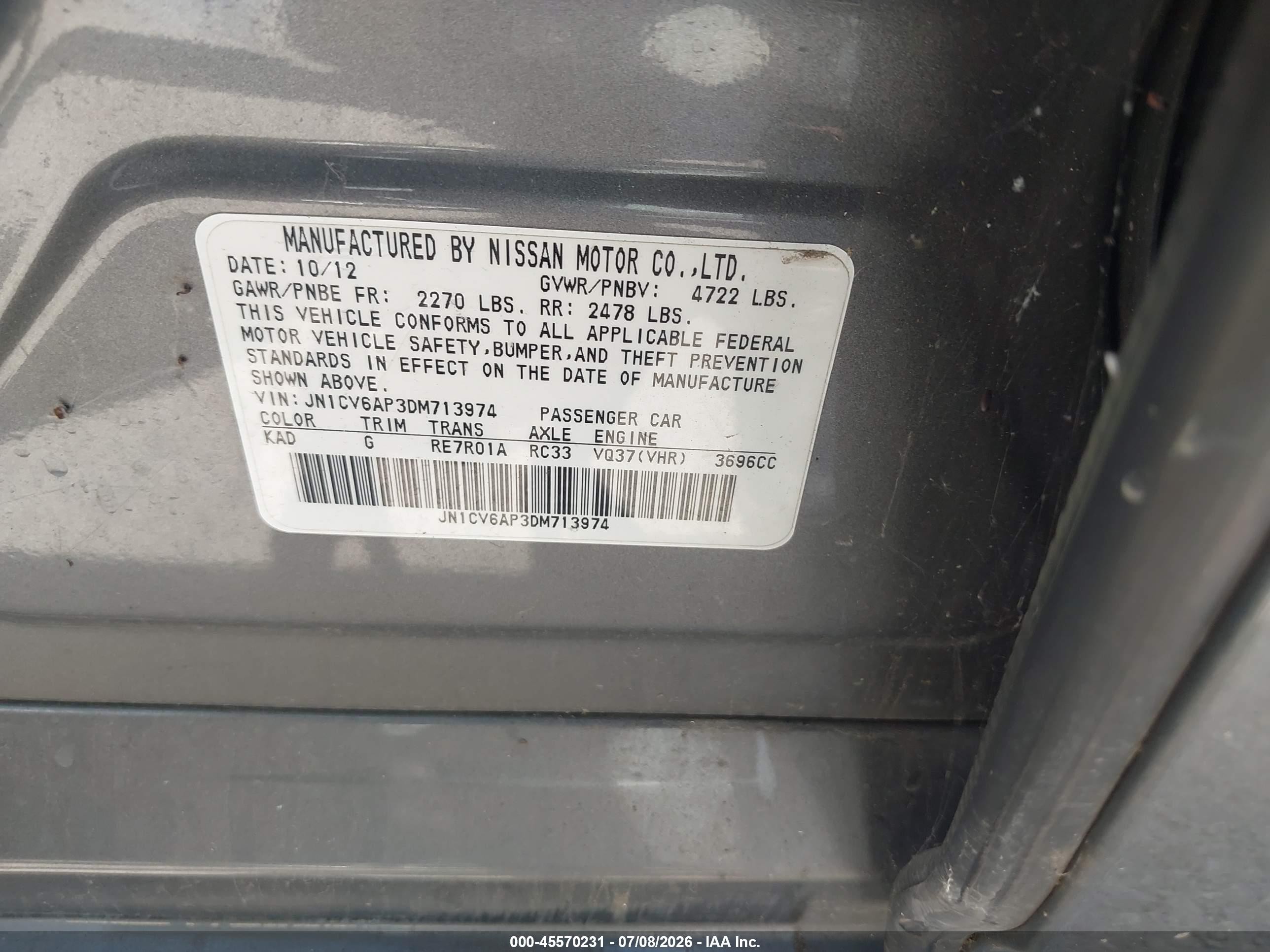2013 Infiniti G37 Journey Gray vin: JN1CV6AP3DM713974