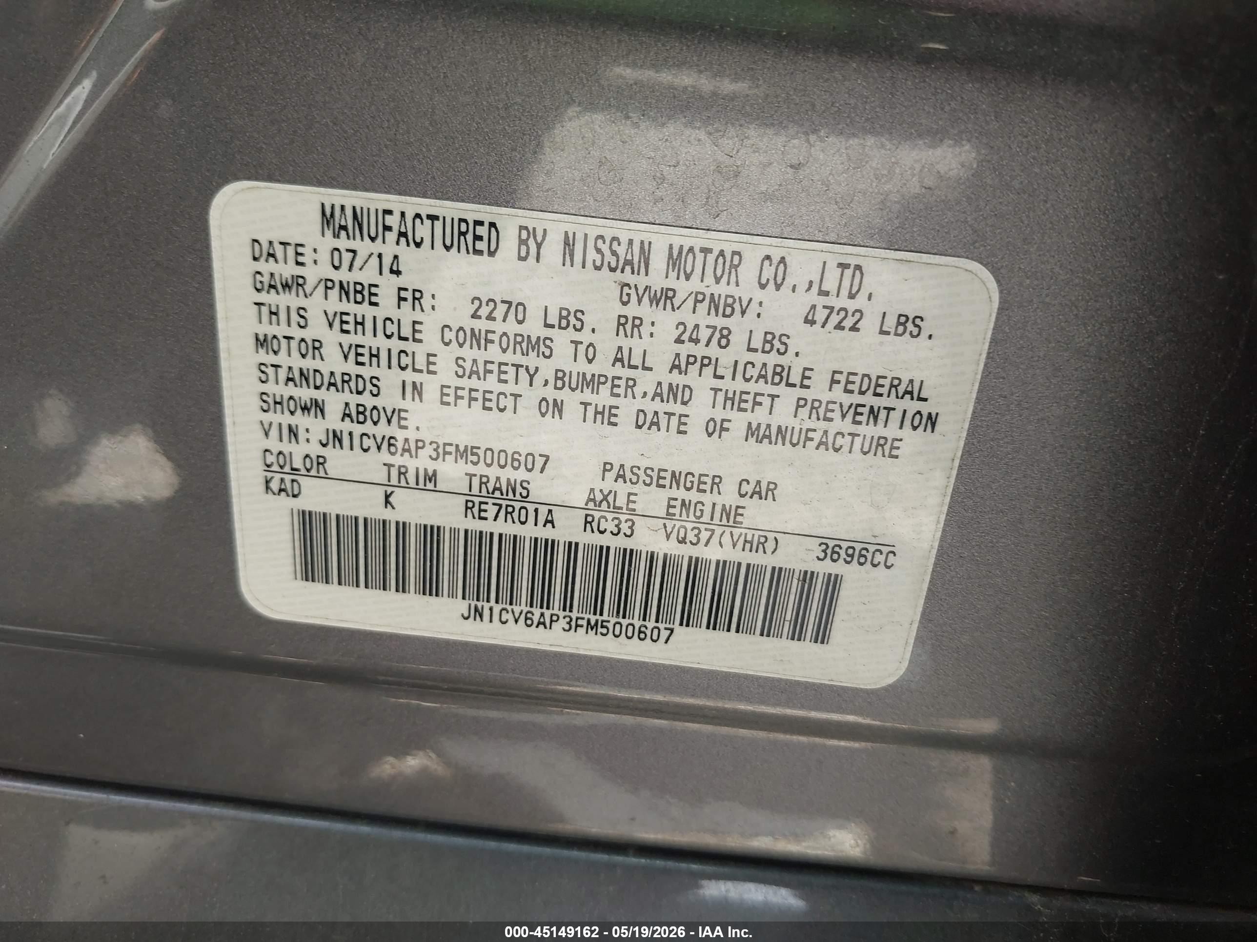 2015 Infiniti Q40 Gray vin: JN1CV6AP3FM500607