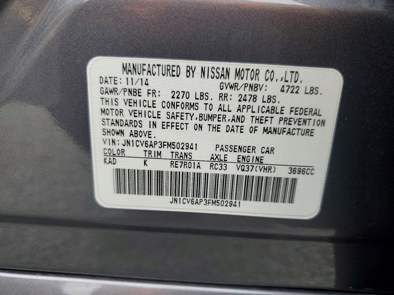 2015 Infiniti Q40 Base Gray vin: JN1CV6AP3FM502941