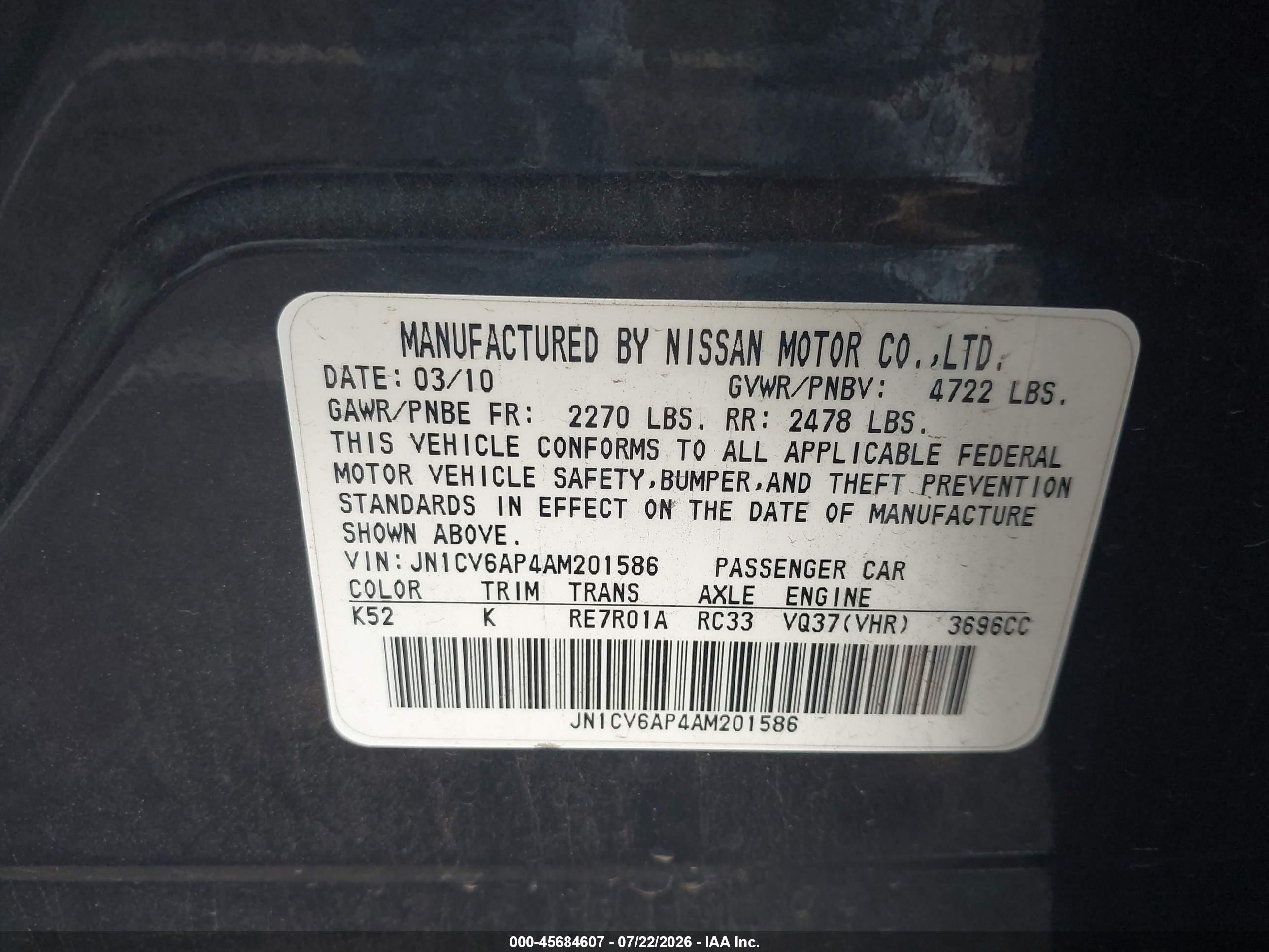 2010 Infiniti G37 Journey Gray vin: JN1CV6AP4AM201586