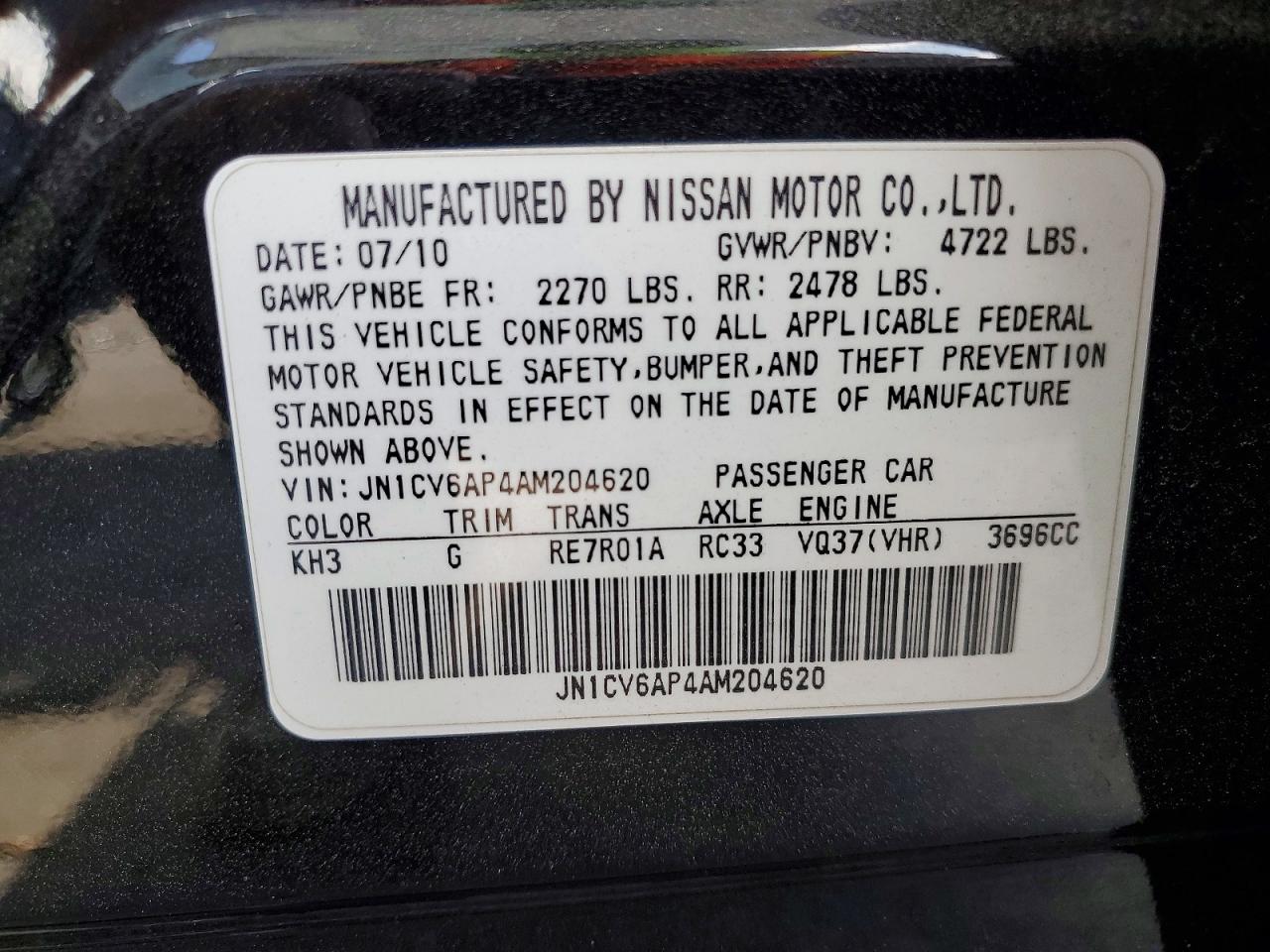 2010 Infiniti G37 Sedan Base Black vin: JN1CV6AP4AM204620