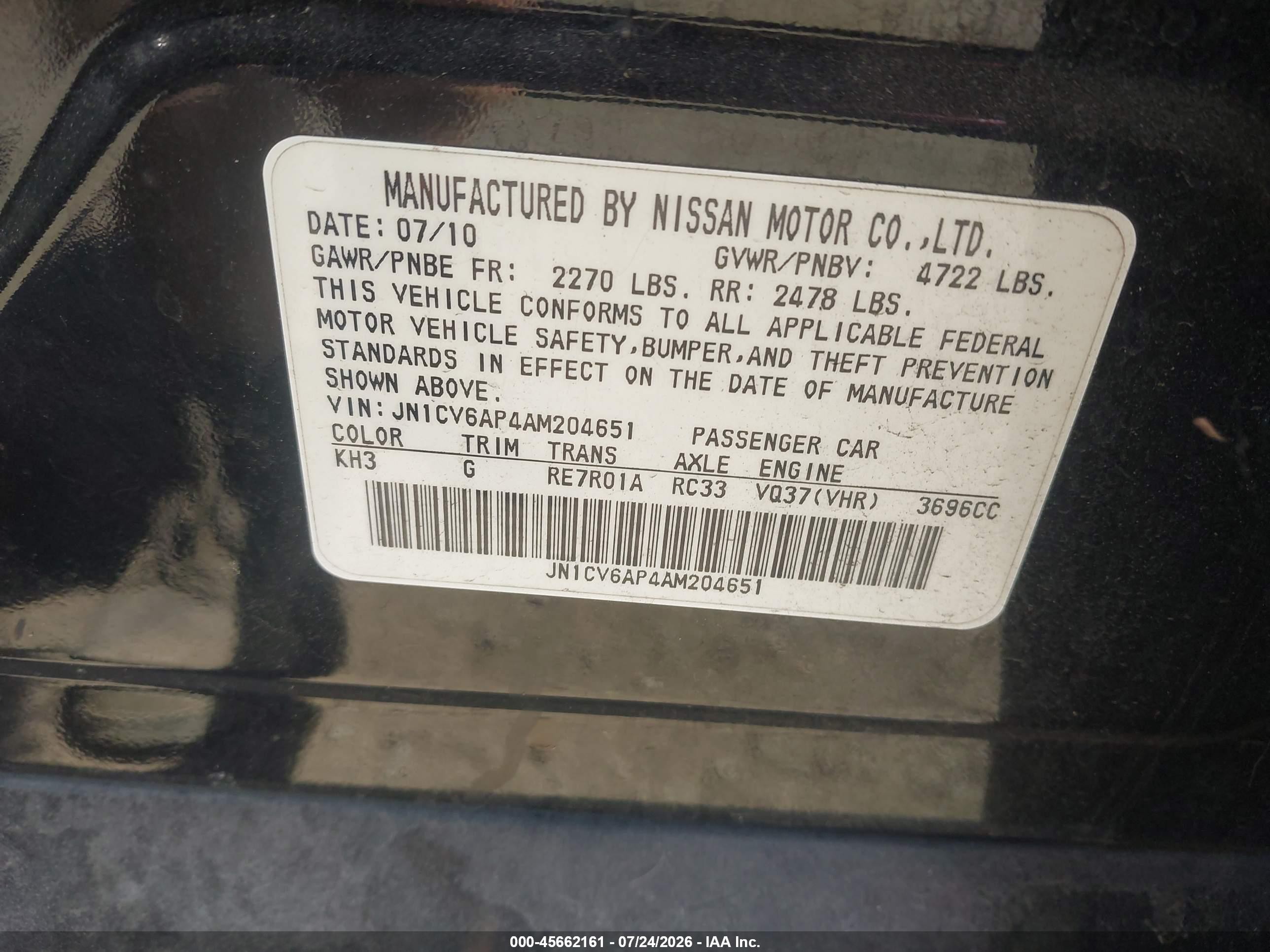 2010 Infiniti G37 Journey Black vin: JN1CV6AP4AM204651