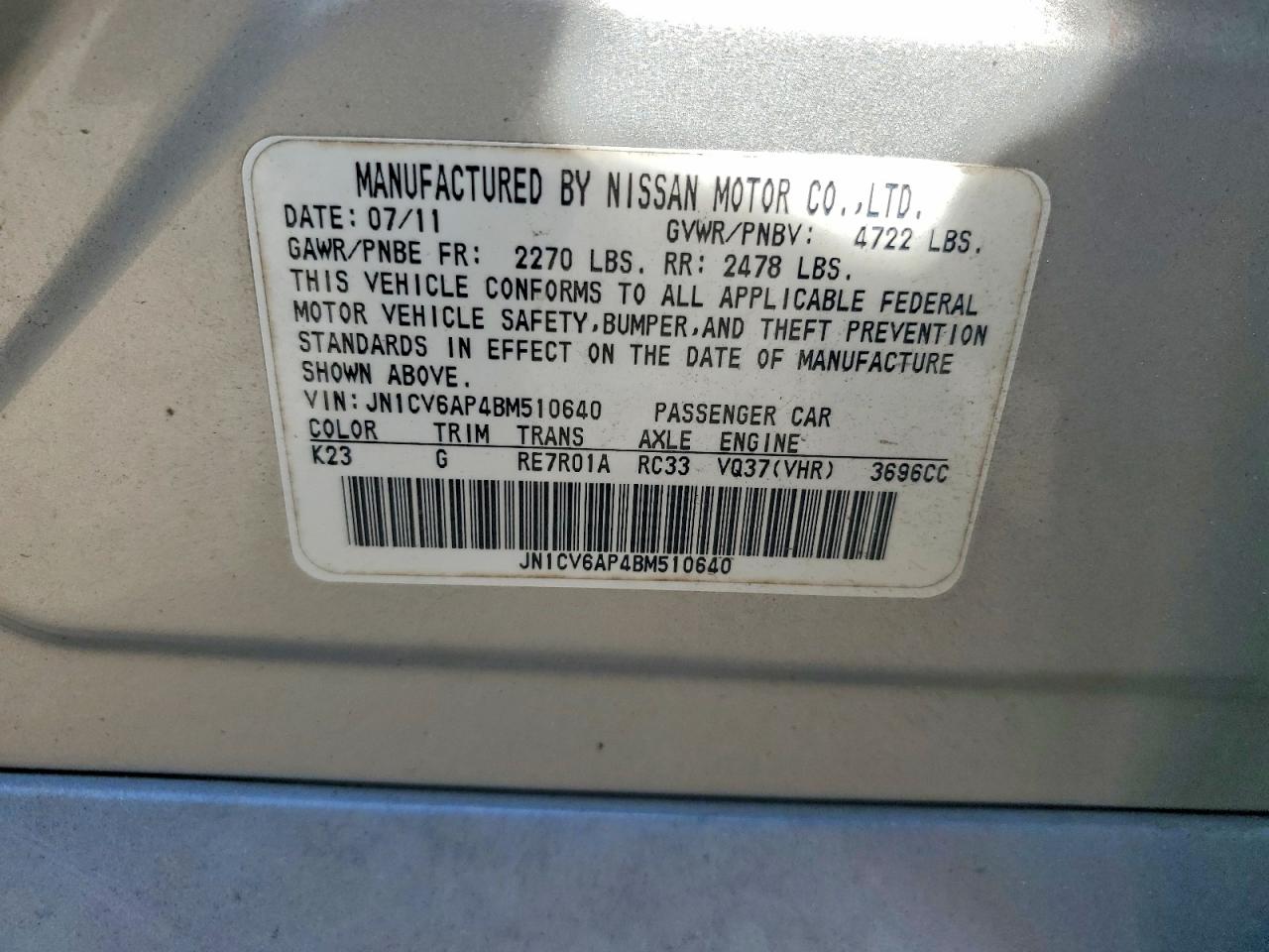 2011 Infiniti G37 Sedan Journey Silver vin: JN1CV6AP4BM510640
