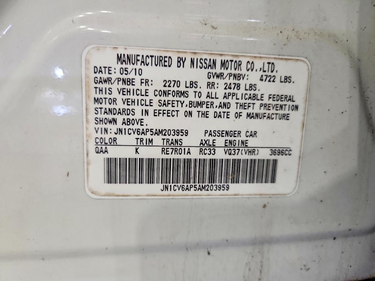2010 Infiniti G37 Sedan Base White vin: JN1CV6AP5AM203959