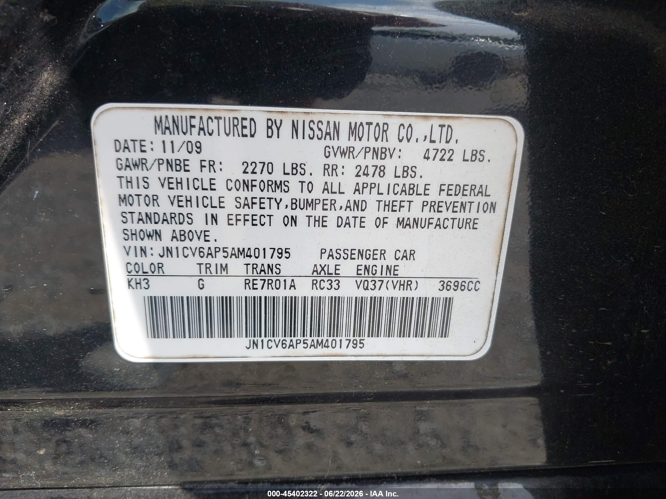 2010 Infiniti G37 Journey Black vin: JN1CV6AP5AM401795