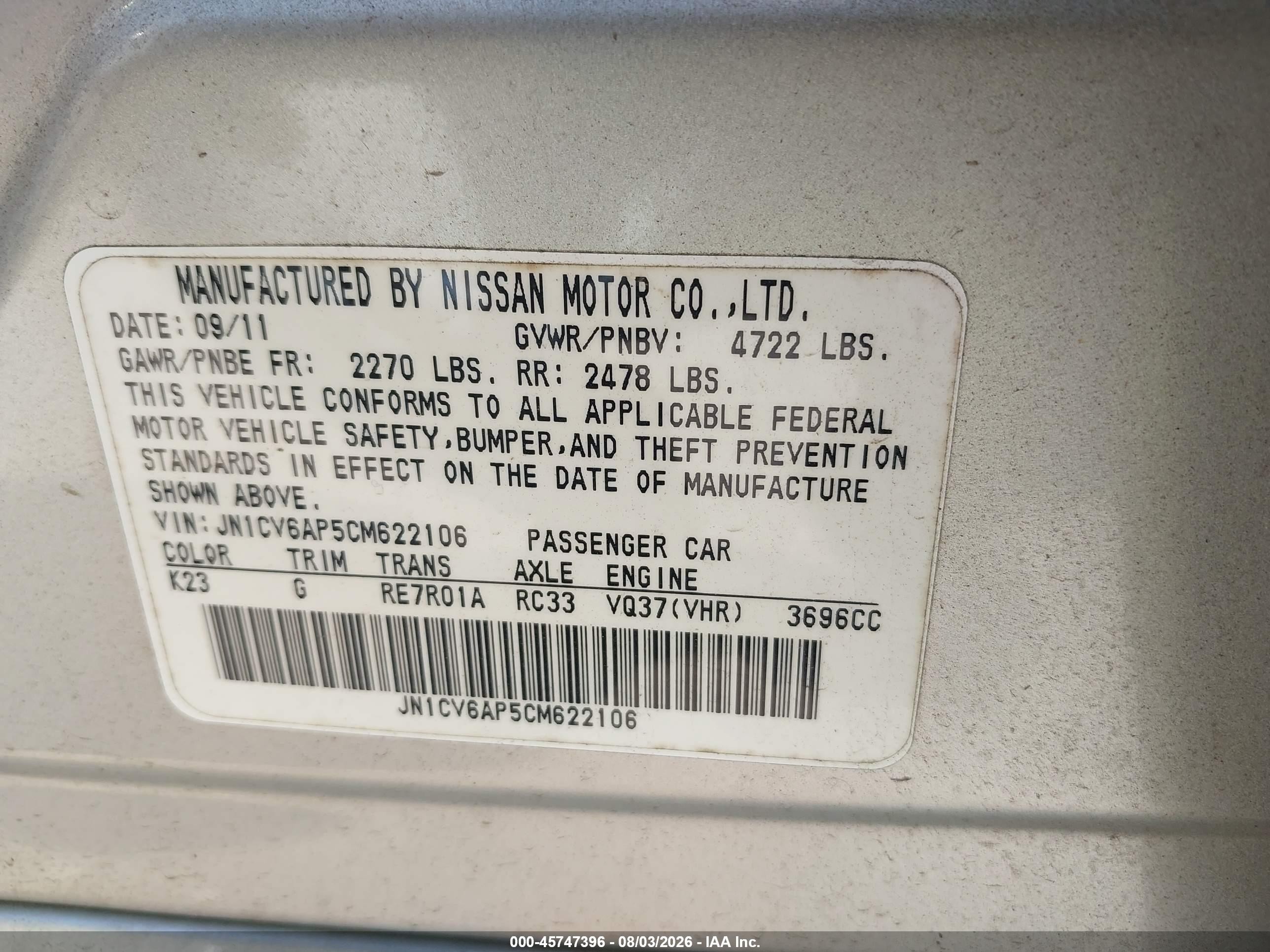 2012 Infiniti G37 Journey Silver vin: JN1CV6AP5CM622106