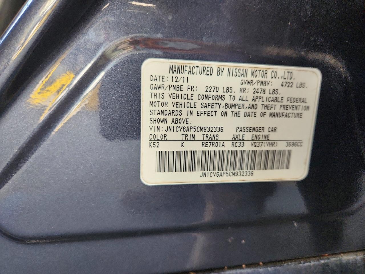 2012 Infiniti G37 Sedan Journey Gray vin: JN1CV6AP5CM932336
