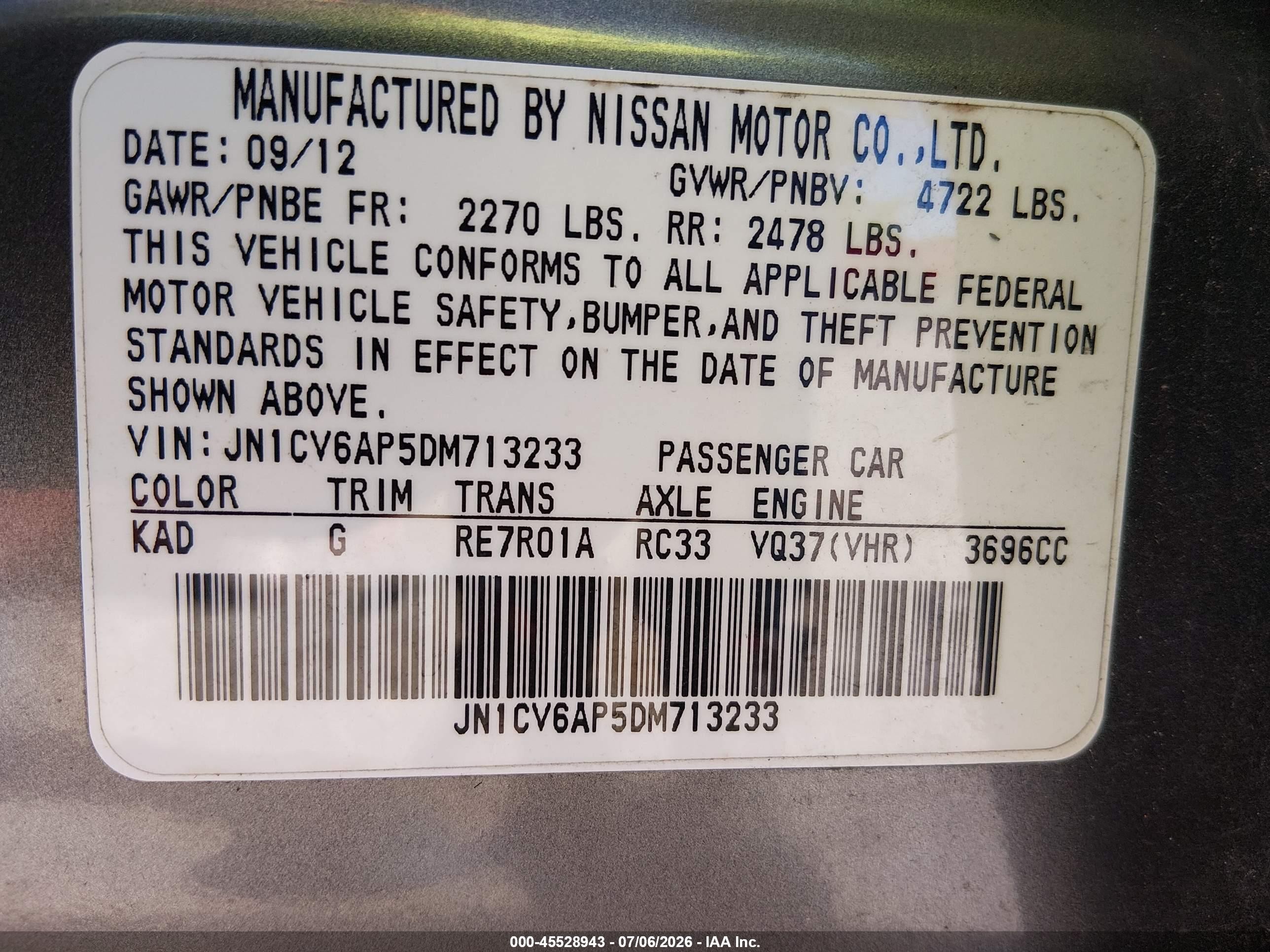 2013 Infiniti G37 Journey Gray vin: JN1CV6AP5DM713233
