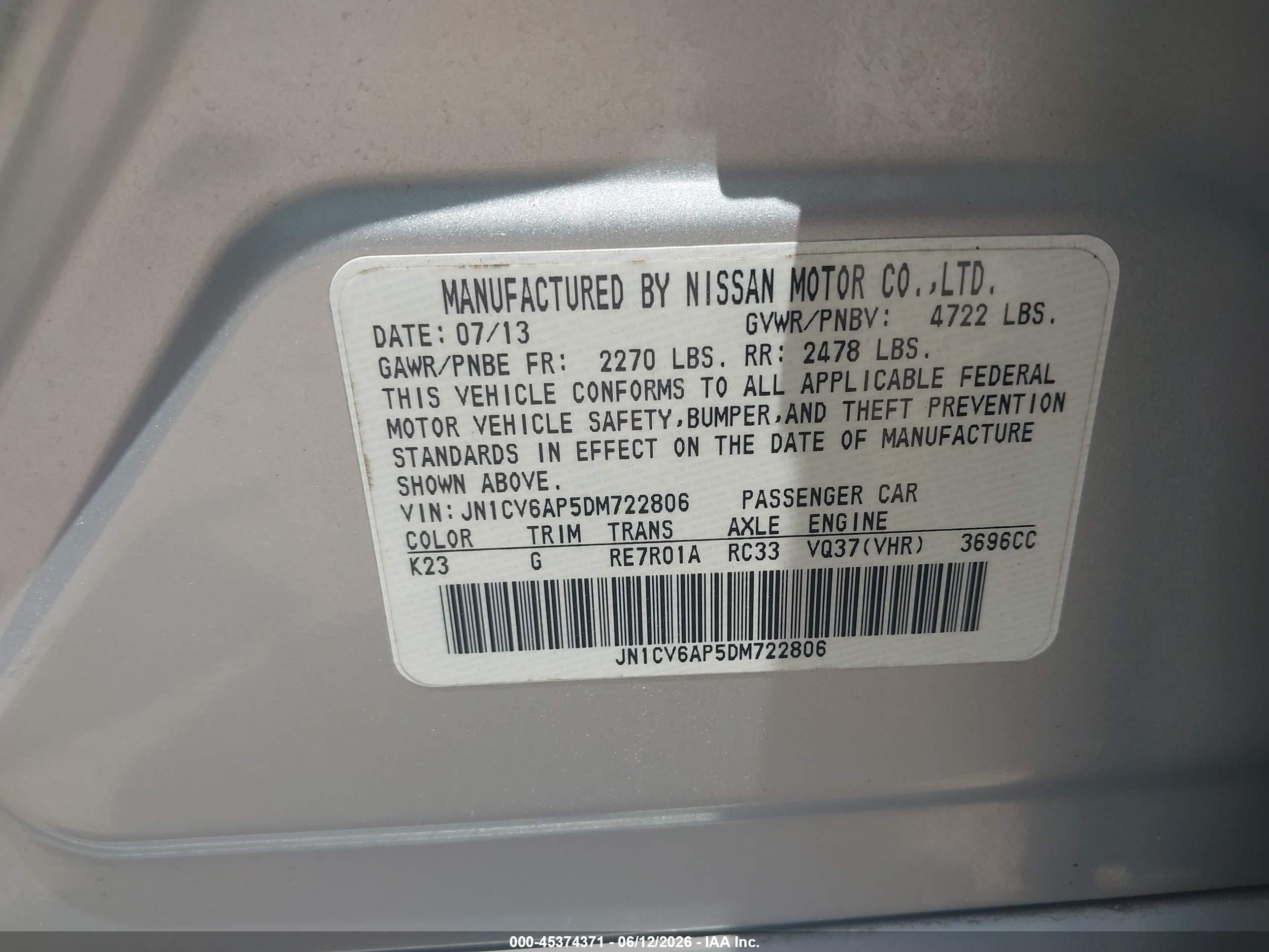 2013 Infiniti G37 Journey Silver vin: JN1CV6AP5DM722806