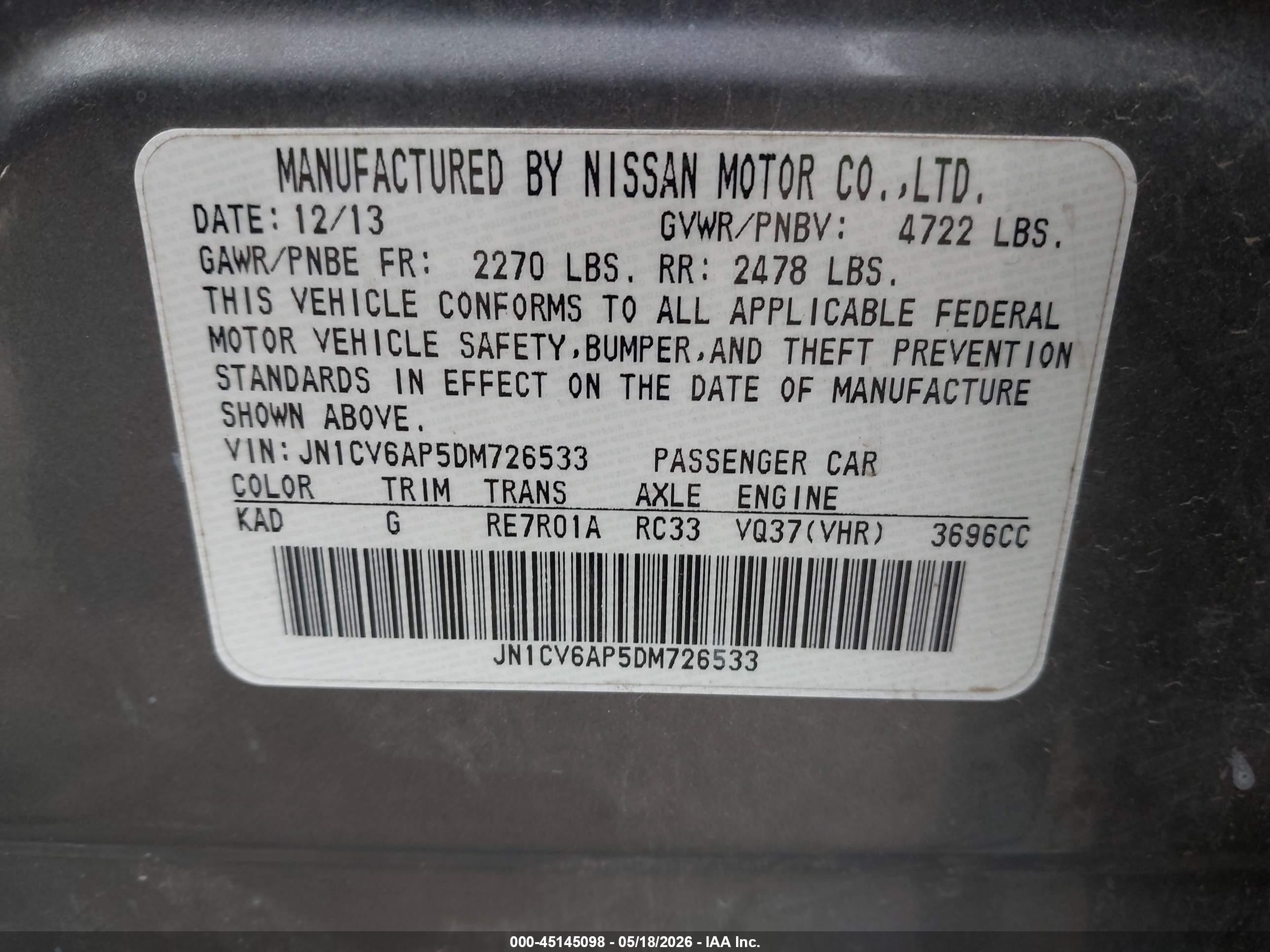 2013 Infiniti G37 Journey Gray vin: JN1CV6AP5DM726533