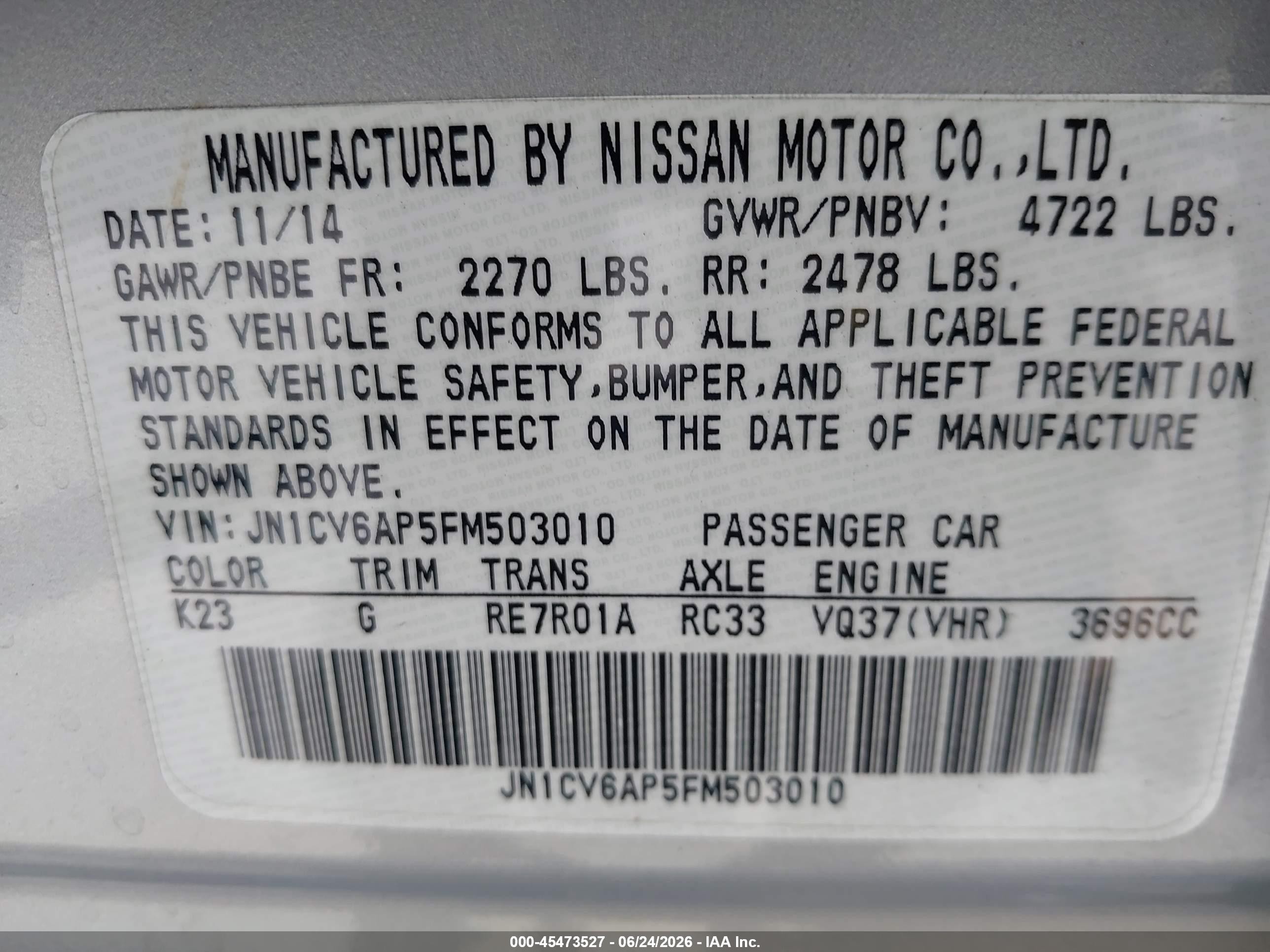 2015 Infiniti Q40 Серый vin: JN1CV6AP5FM503010