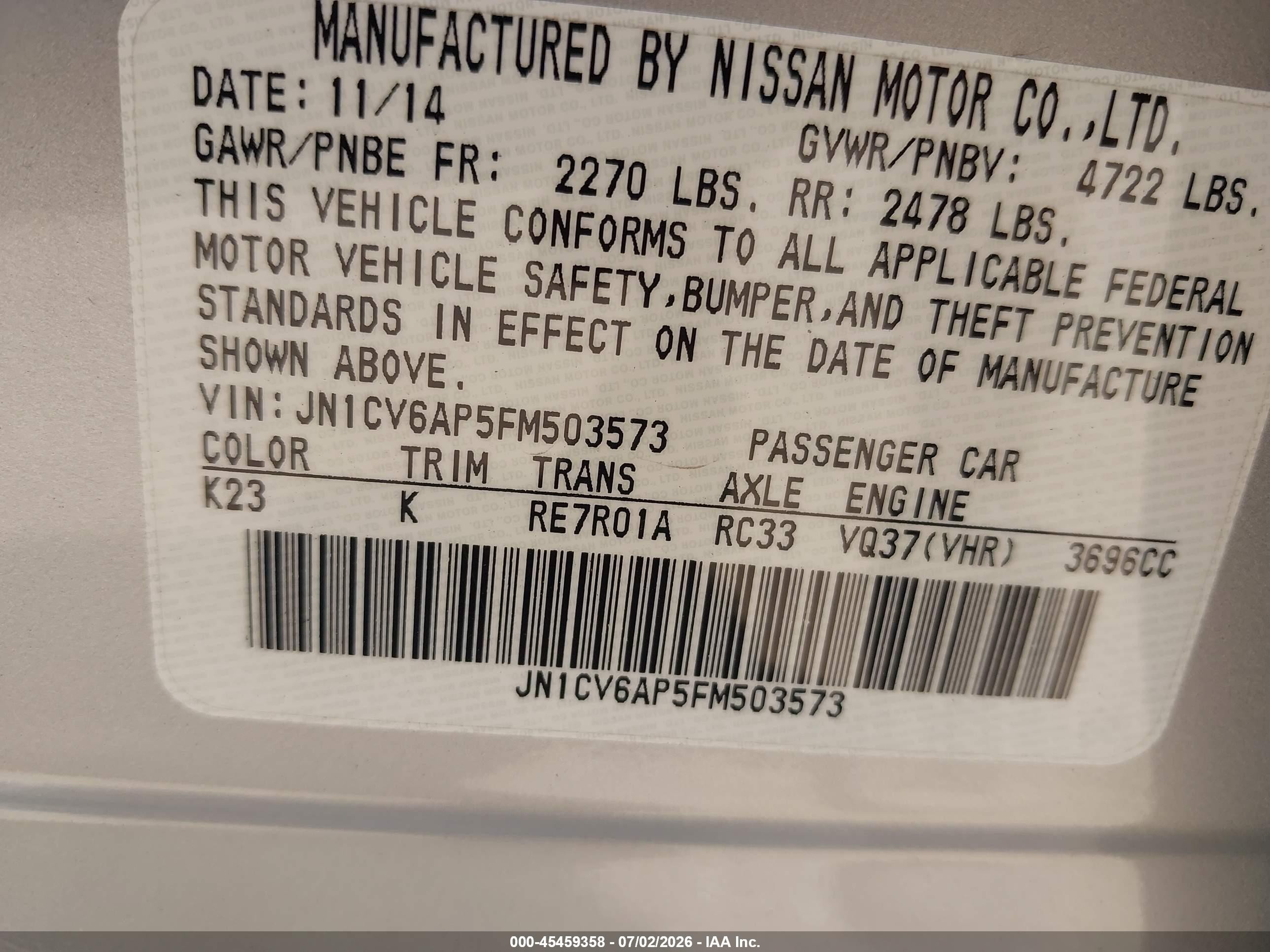 2015 Infiniti Q40   Silver vin: JN1CV6AP5FM503573