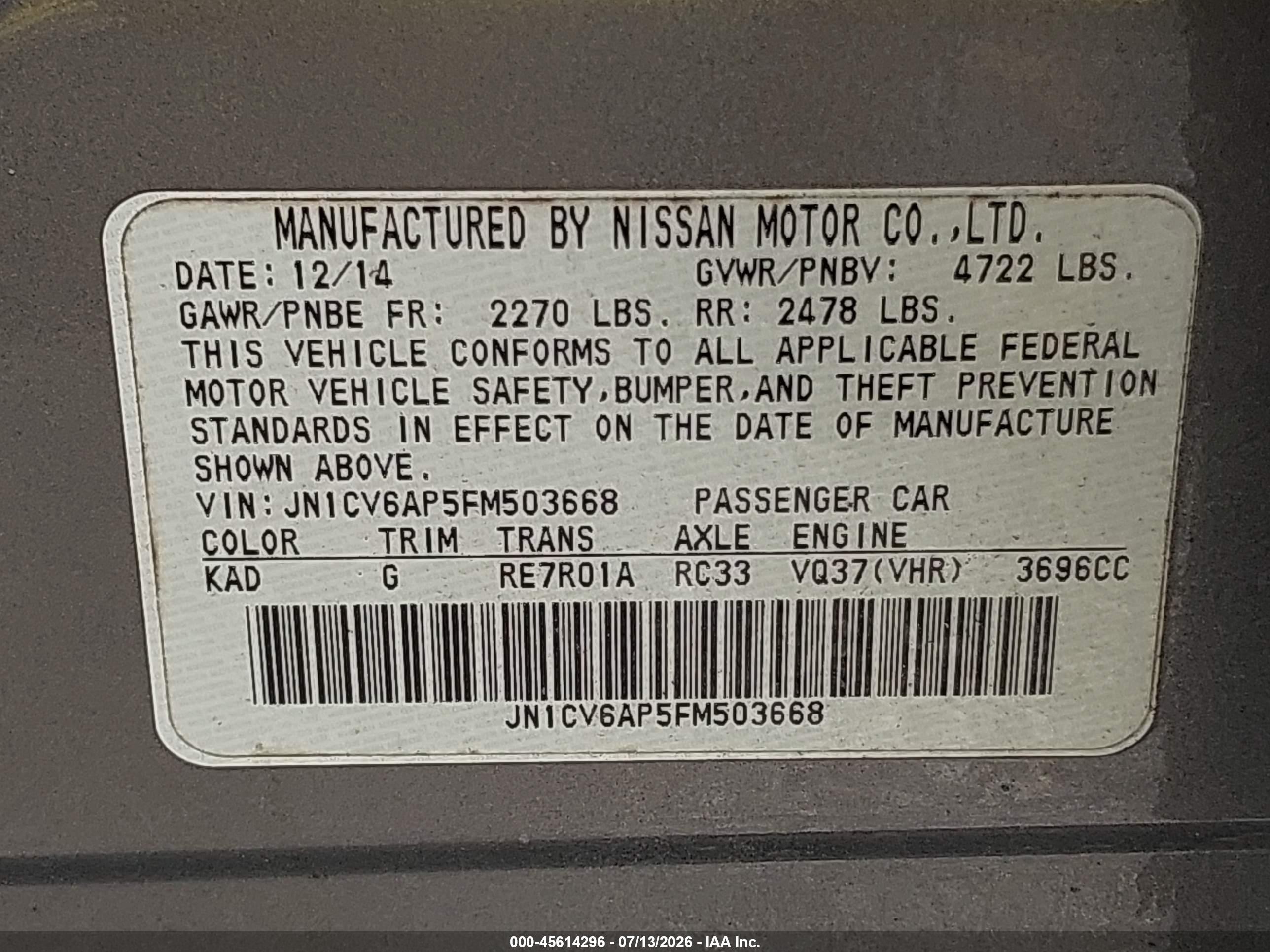 2015 Infiniti Q40 Gray vin: JN1CV6AP5FM503668