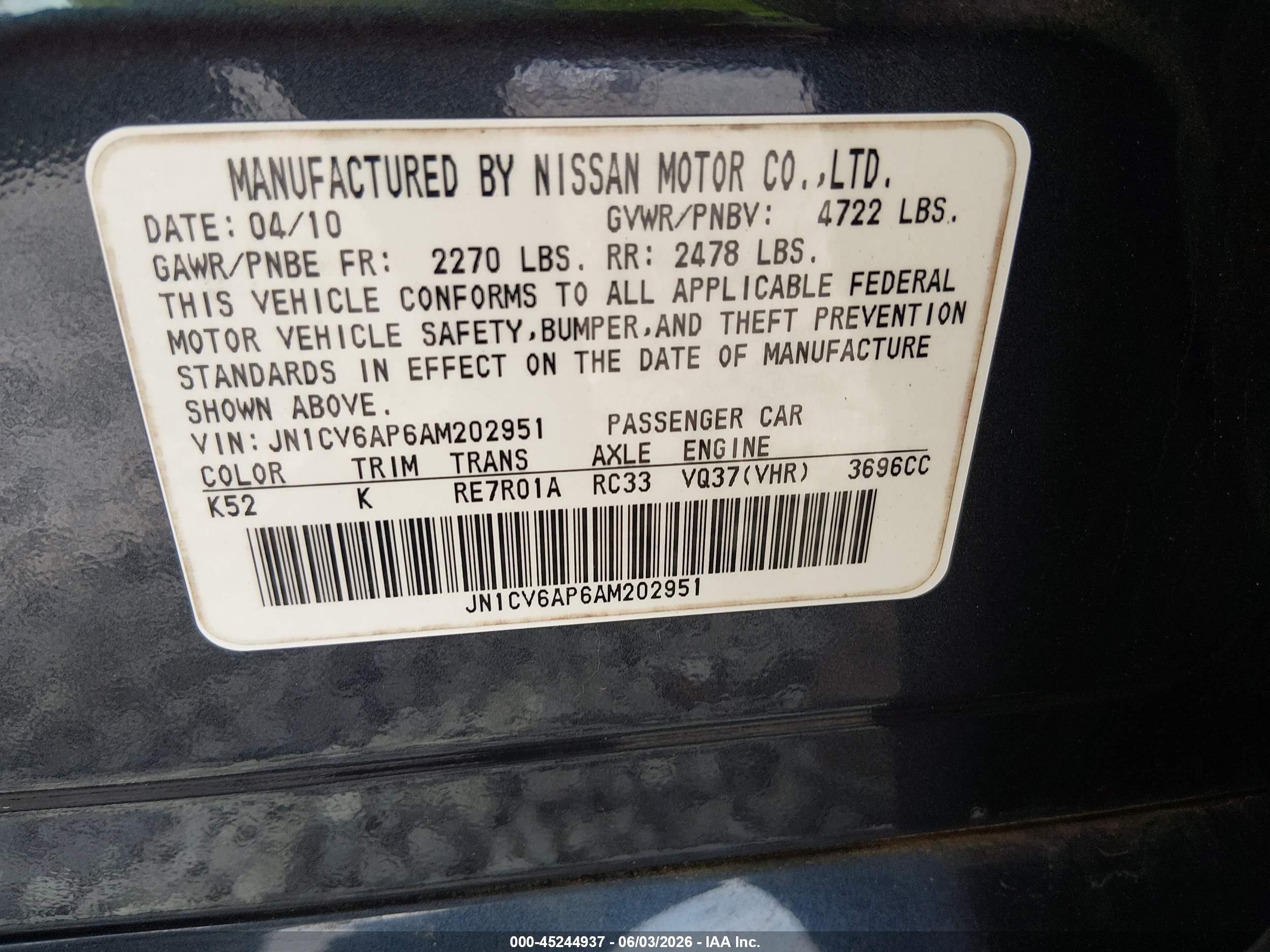 2010 Infiniti G37 Journey Gray vin: JN1CV6AP6AM202951