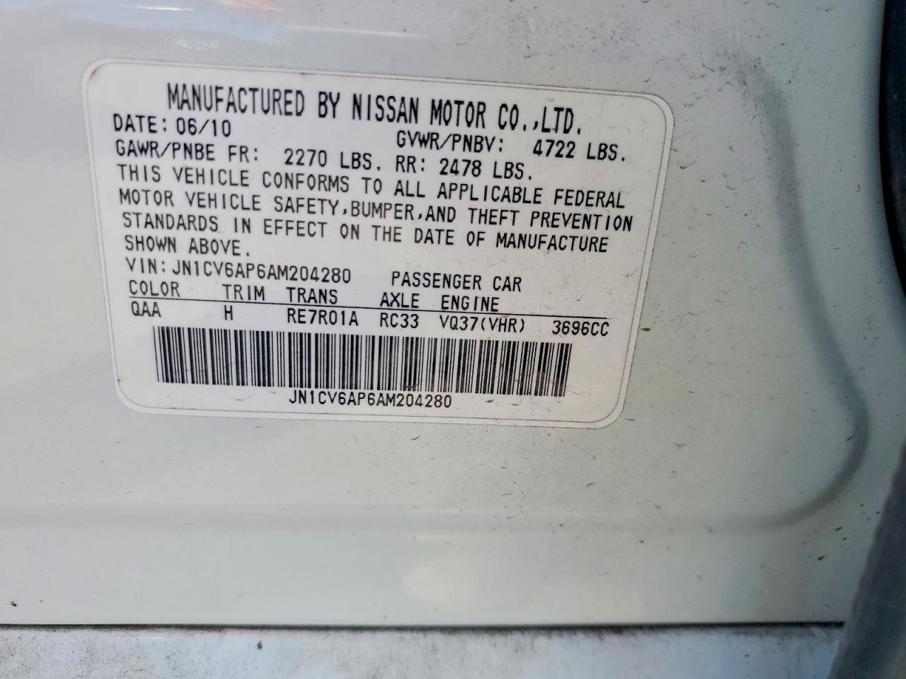 2010 Infiniti G37 Sedan Base White vin: JN1CV6AP6AM204280