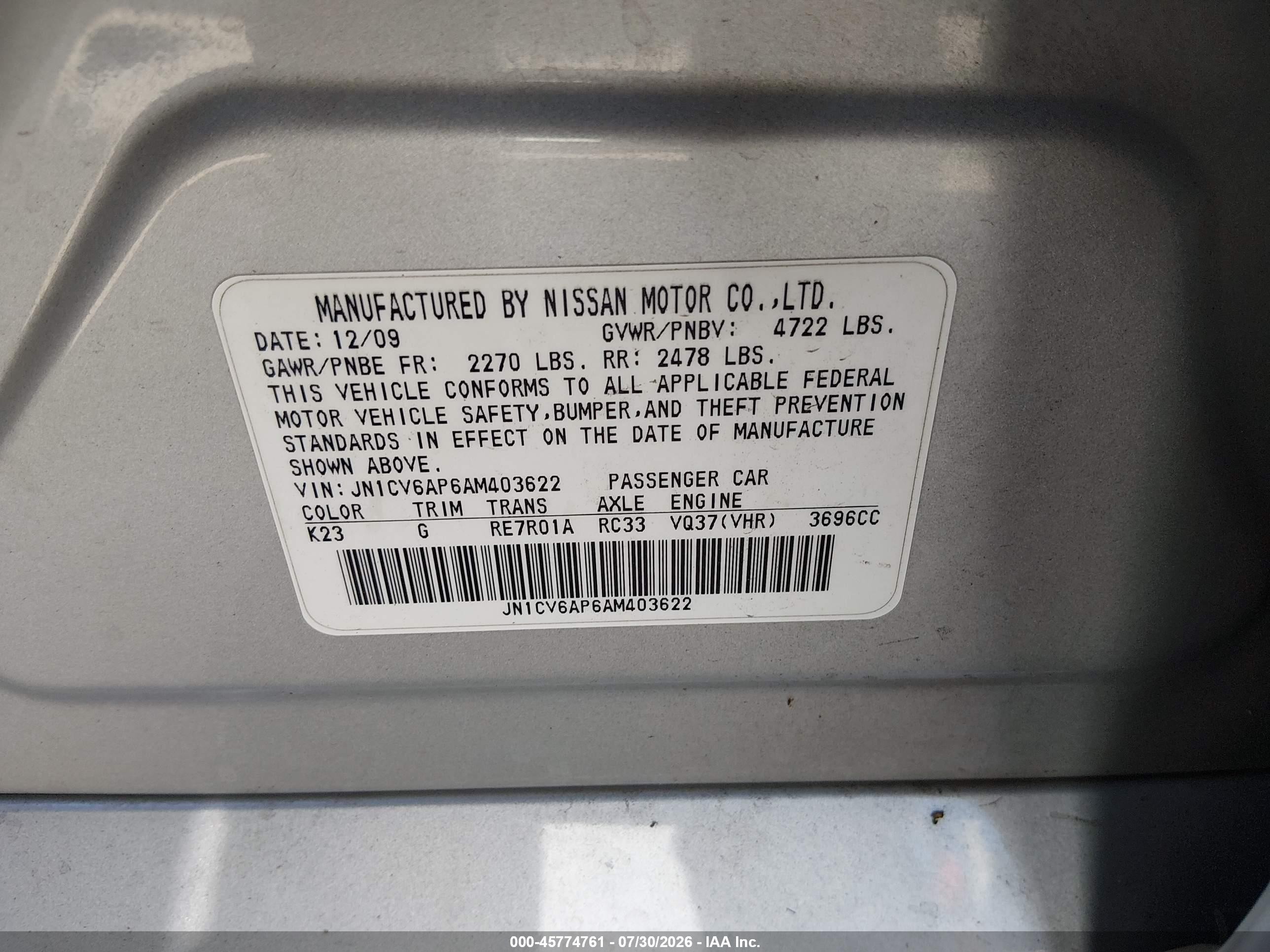 2010 Infiniti G37 Journey Silver vin: JN1CV6AP6AM403622