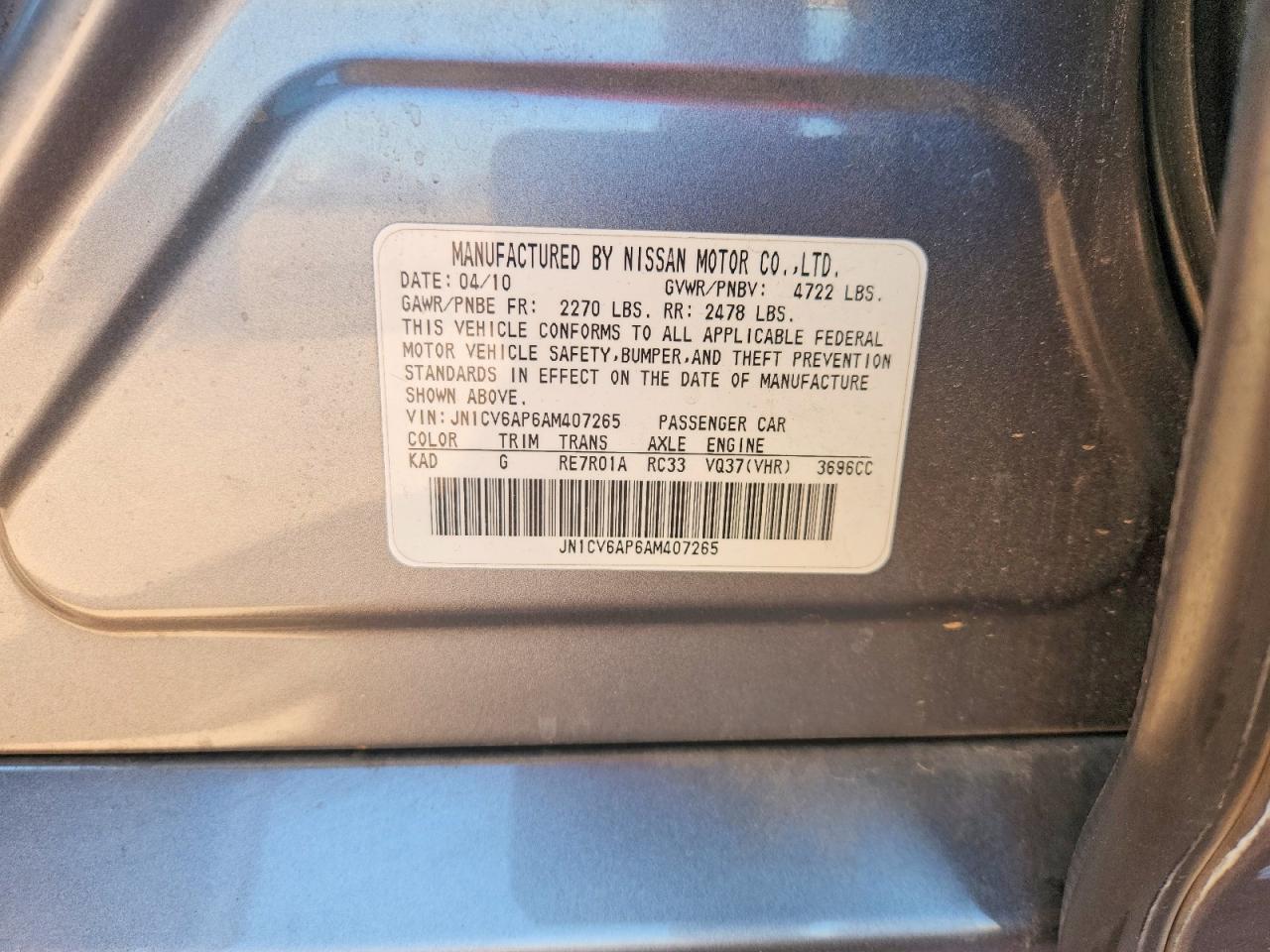 2010 Infiniti G37 Sedan Base Gray vin: JN1CV6AP6AM407265