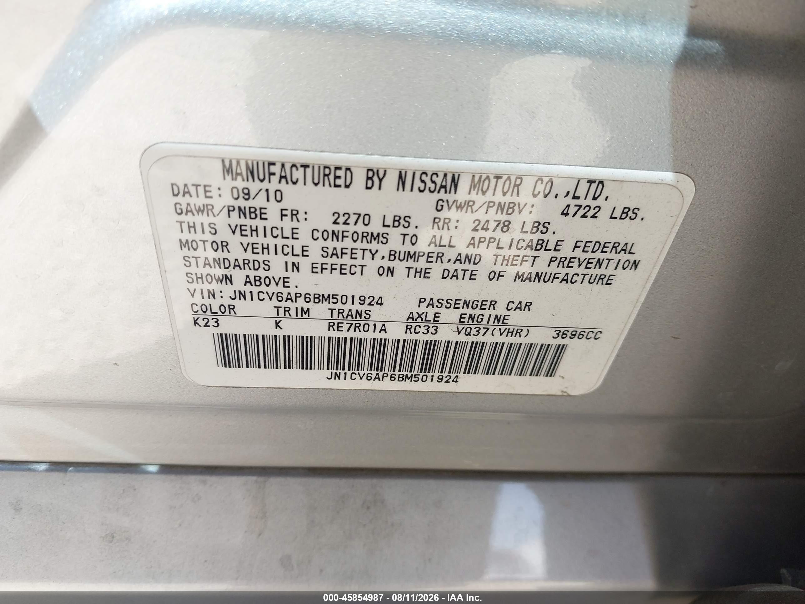 2011 Infiniti G37 Journey Silver vin: JN1CV6AP6BM501924