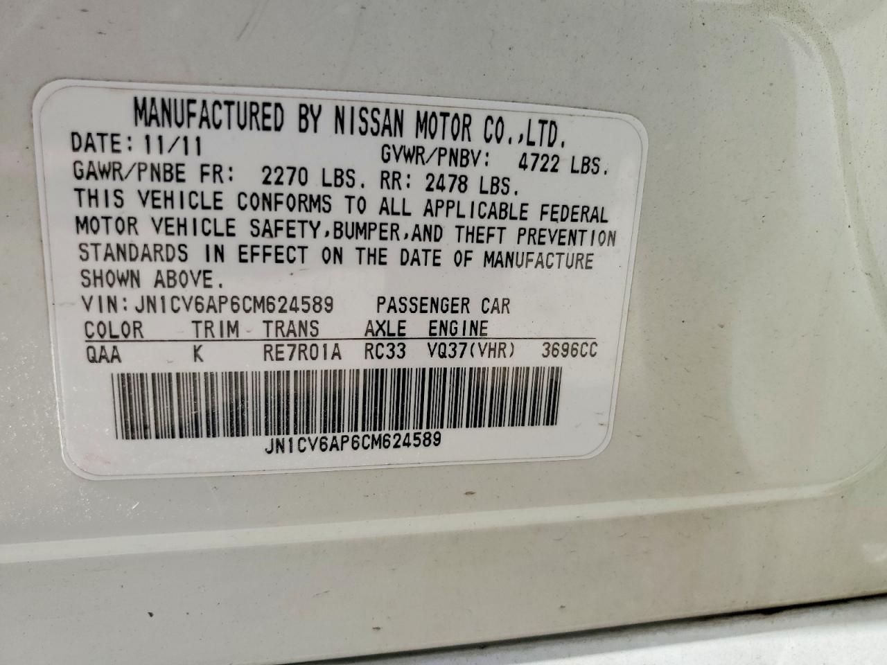 2012 Infiniti G37 Sedan Journey White vin: JN1CV6AP6CM624589