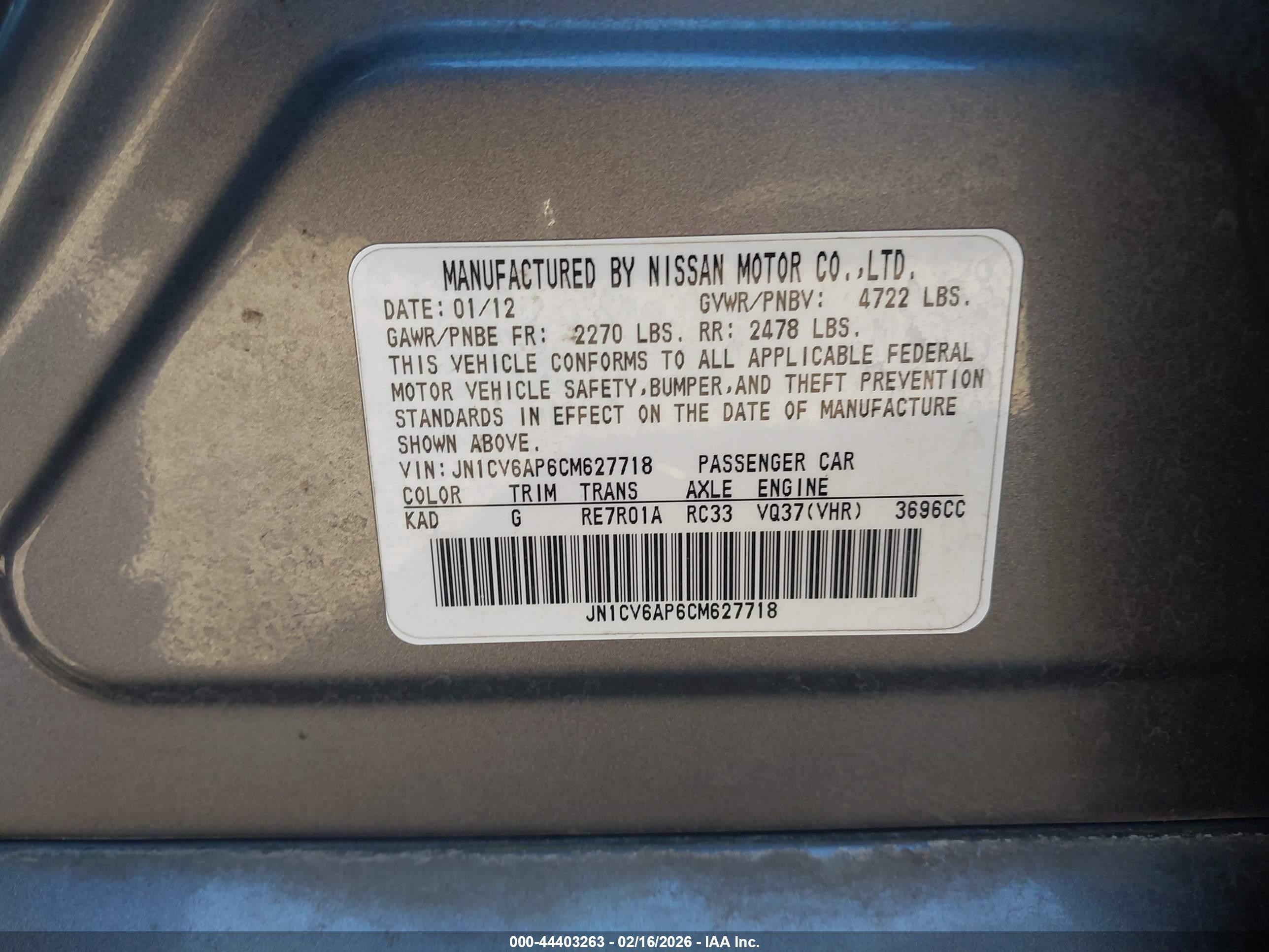 2012 Infiniti G37 Journey Gray vin: JN1CV6AP6CM627718