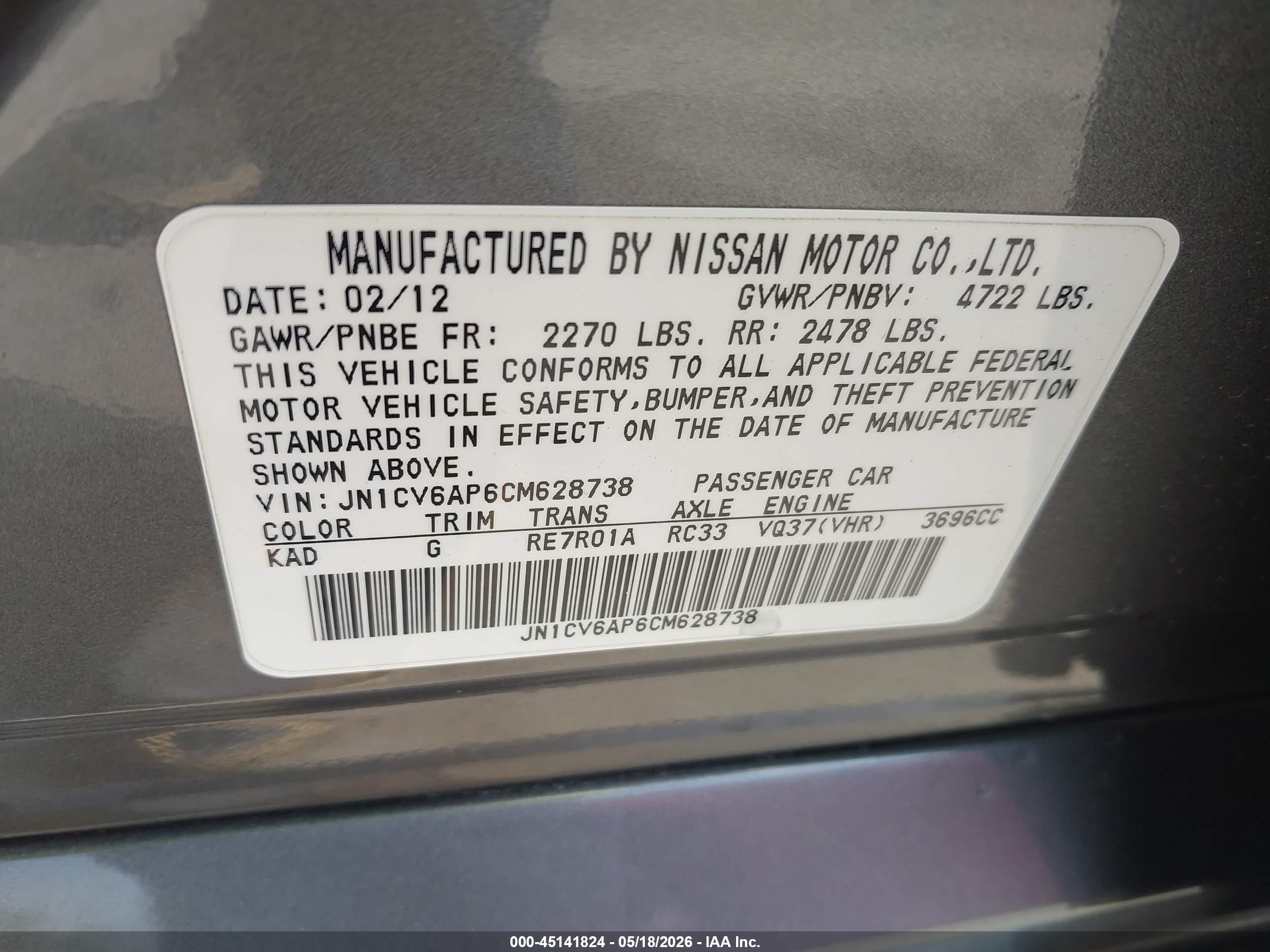 2012 Infiniti G37 Journey Gray vin: JN1CV6AP6CM628738